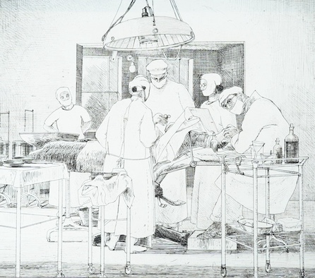 Edgar Holloway (1914-2008), drypoint etching, Operating Theatre, 1937, second state, inscribed '2nd' by the artist, 26 x 29cm, unframed. Condition - good. Full sheet 28 x 35cm.                                            