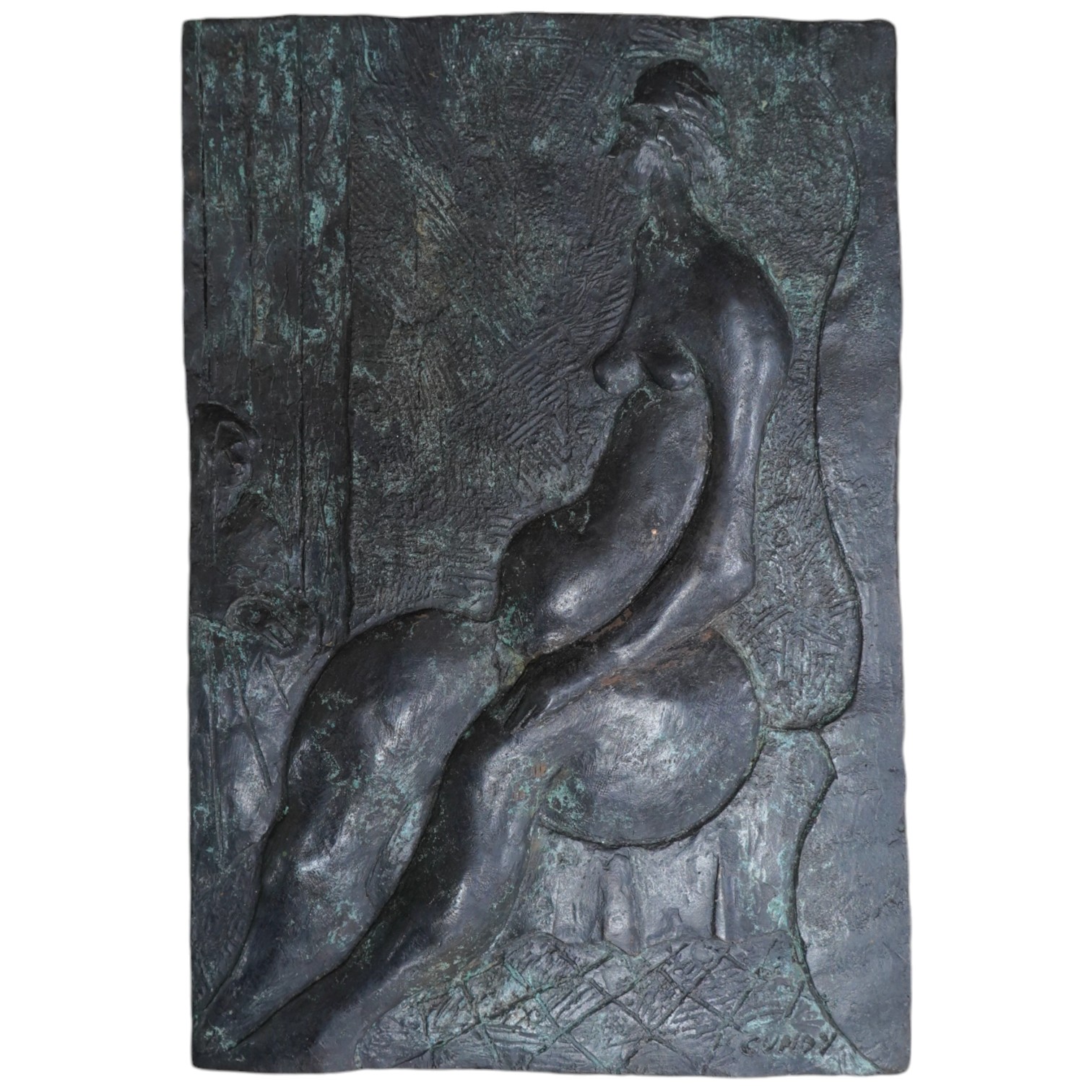 Clifford Benjamin Cundy (1926-1992), a mid 20th century green patinated cast bronze relief plaque, modelled with a seated female nude, signed in the cast, 24 x 17cm. Condition - good                                      