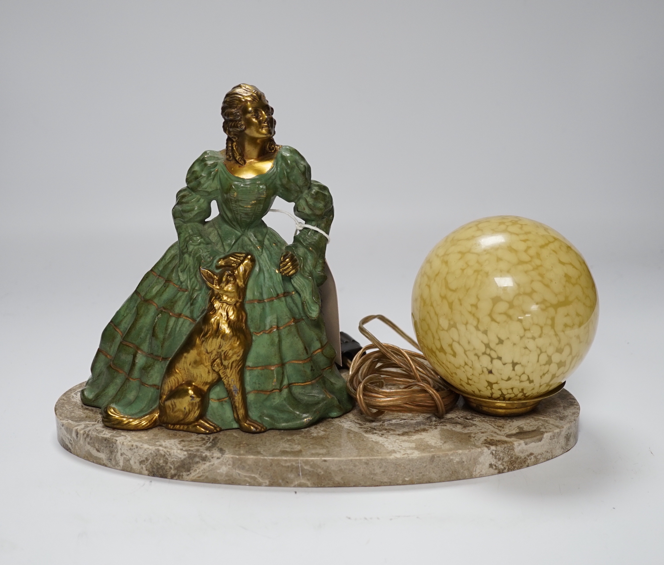 A French Art Deco table lamp a figure of a lady and dog, 29cm wide                                                                                                                                                          