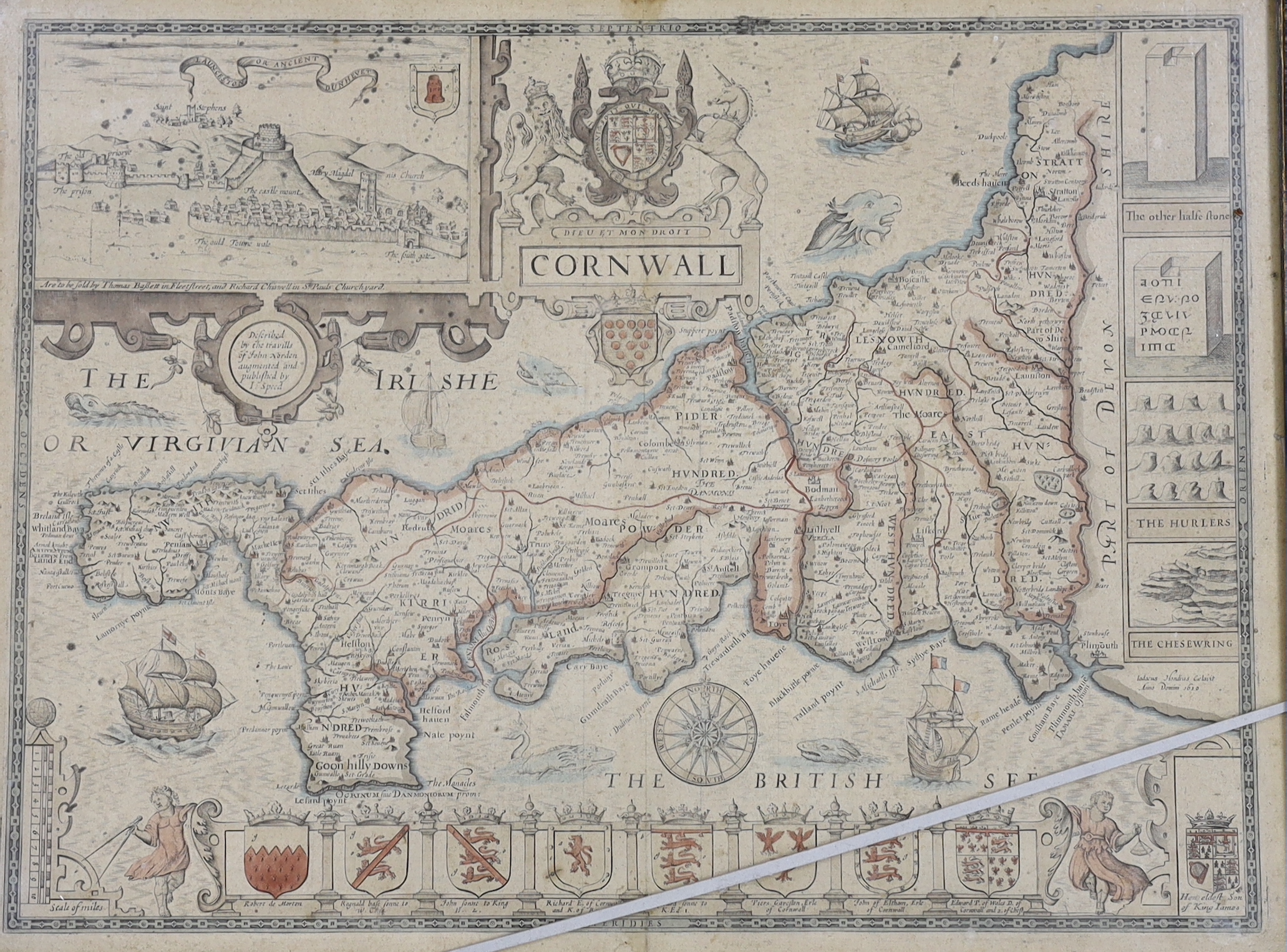 After John Speed (1552-1629) Antique map of Cornwall, as described by the travills of John Norden, published by I Speed, 54 x 42cm                                                                                          