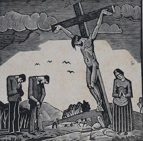 Ethelbert White (1891-1972), wood engraving on paper, 'The Christ', signed in pencil, 2/50, 13 x 13cm, unframed. Condition - some foxing and paper evenly discoloured, Sheet 17 x 17cm. Old card mount, tabbed at the top co