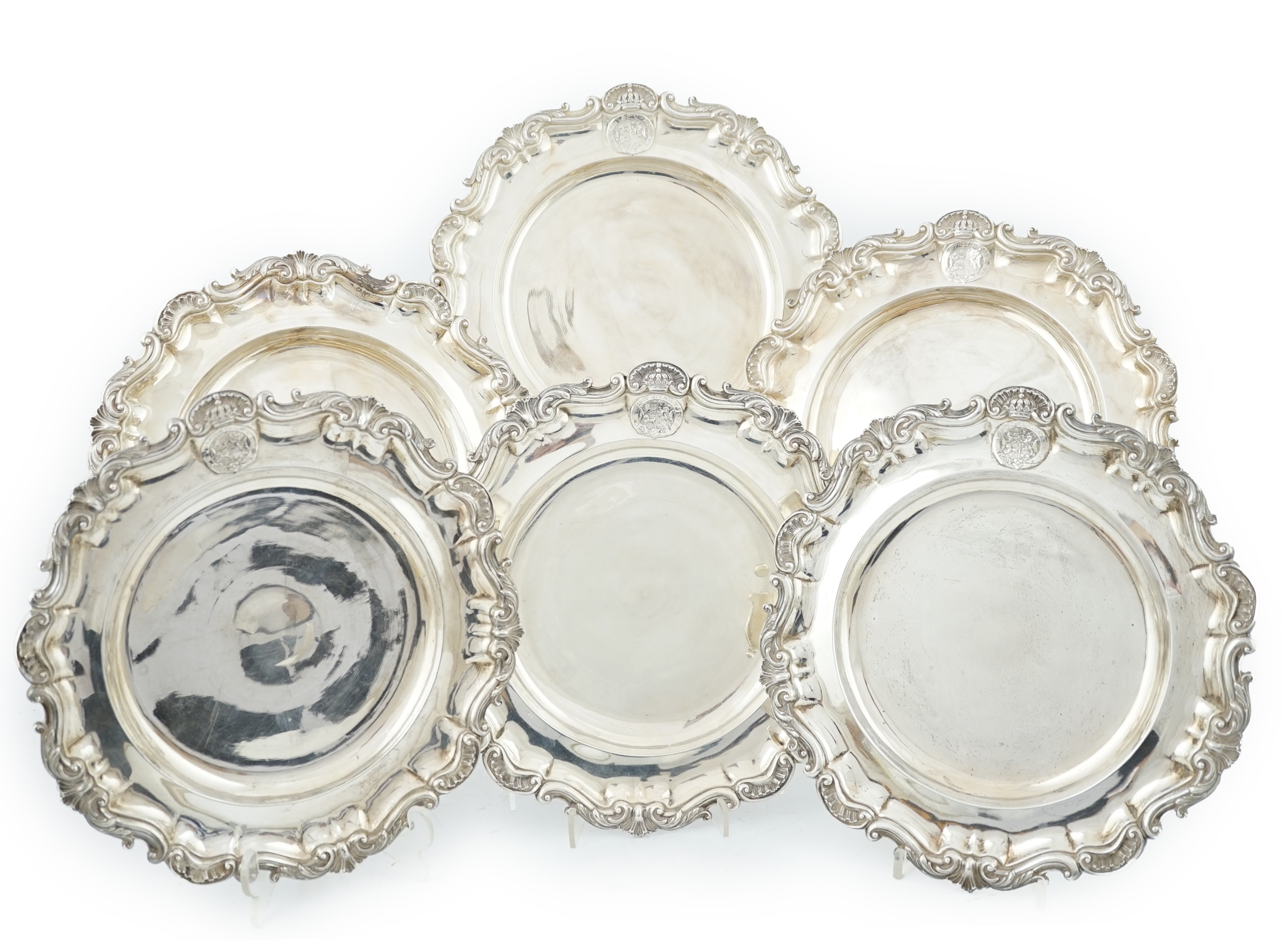 Duke of Brunswick Service: A set of six early Victorian silver dinner plates by John Mortimer & John Samuel Hunt                                                                                                            