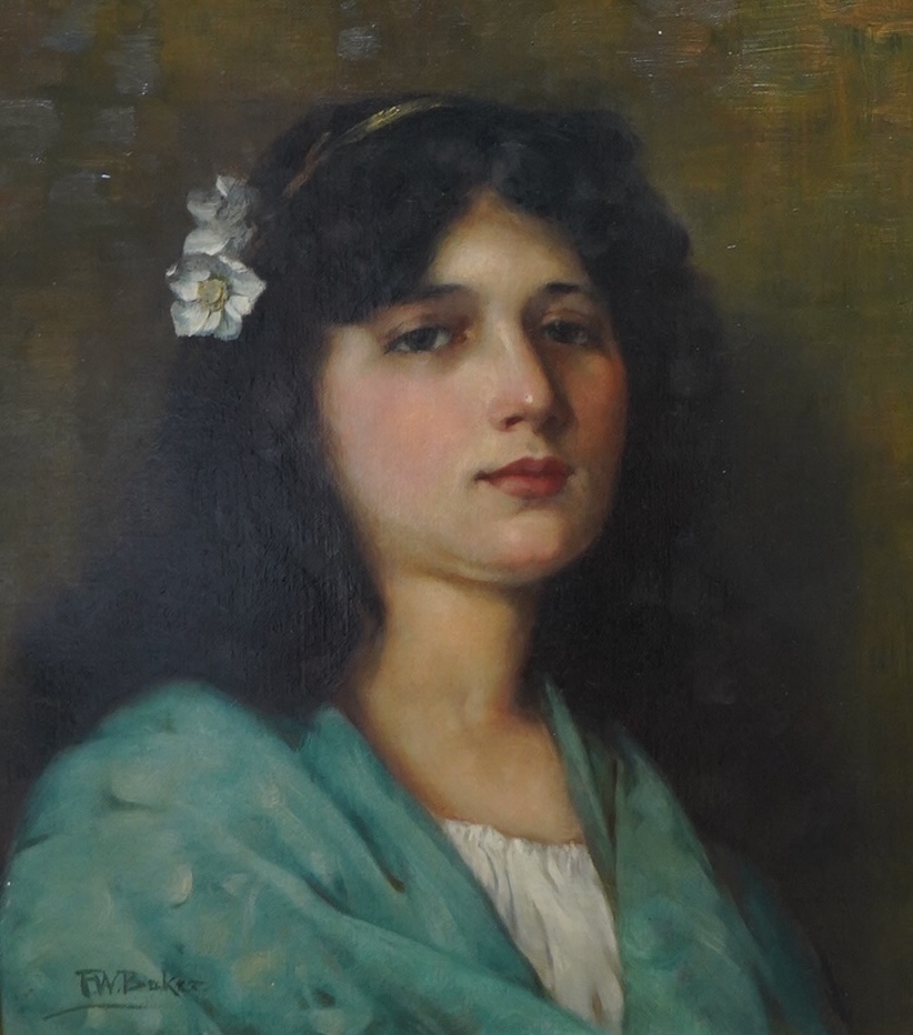 F.W. Baker, oil on canvas, Portrait of a lady, signed, 39 x 34cm, gilt framed. Condition - good                                                                                                                             