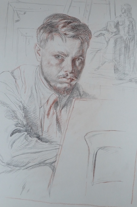 Modern British, pencil and sepia chalk, 'Bernard, Self-portrait - Imaginative Subject', 35 x 26cm, unframed. Condition - good                                                                                               