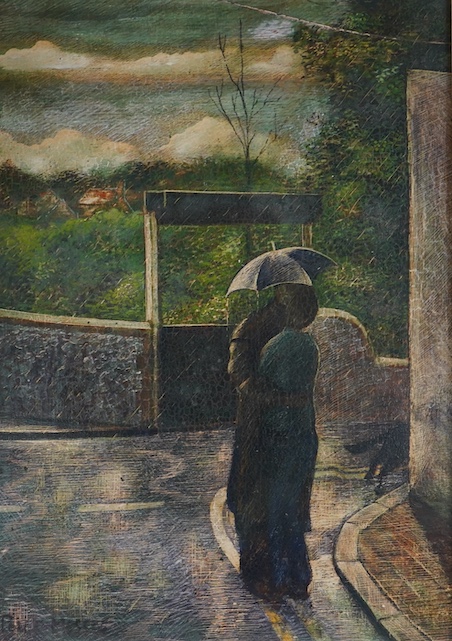 Peter Messer (b.1954), tempera on gesso, ‘Rain’, signed, 30 x 21cm. Condition - fair to good, craquelure throughout                                                                                                         