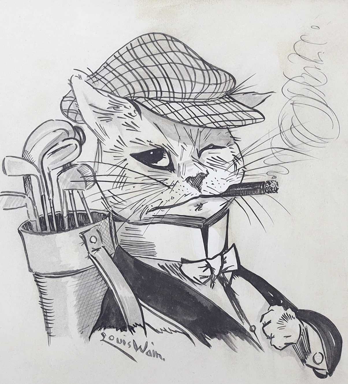 After Louis Wain (1860-1939), ink sketch, Comical study of a cat smoking, bears signature, 21 x 18cm                                                                                                                        