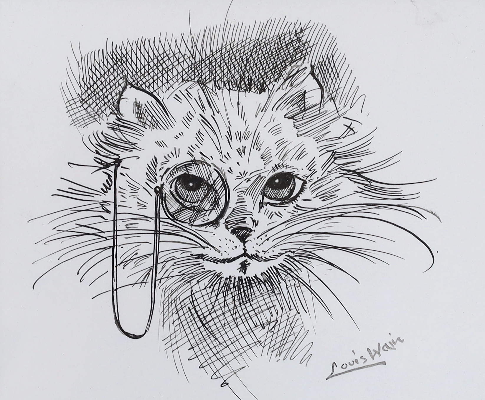 After Louis Wain (1860-1939), ink sketch, Comical study of a cat wearing a monocle, bears signature, 16 x 19cm                                                                                                              