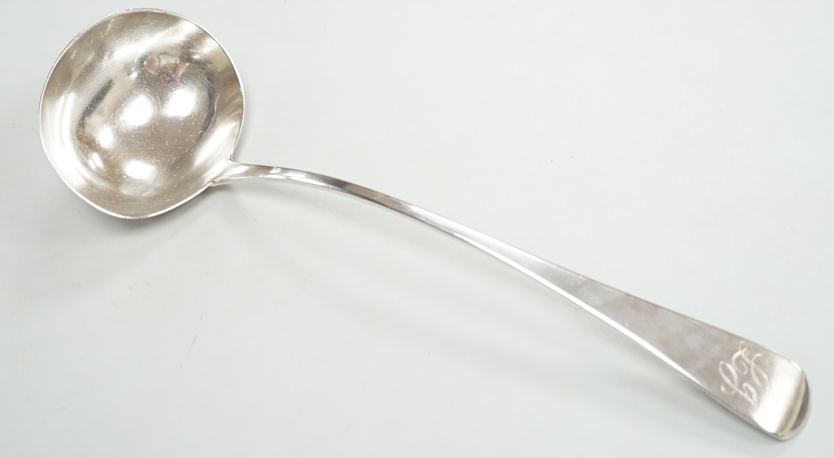 A late George III silver Old English pattern soup ladle, Hougham, Royes & Dix, London,1817, 32.5cm, 6oz.                                                                                                                    