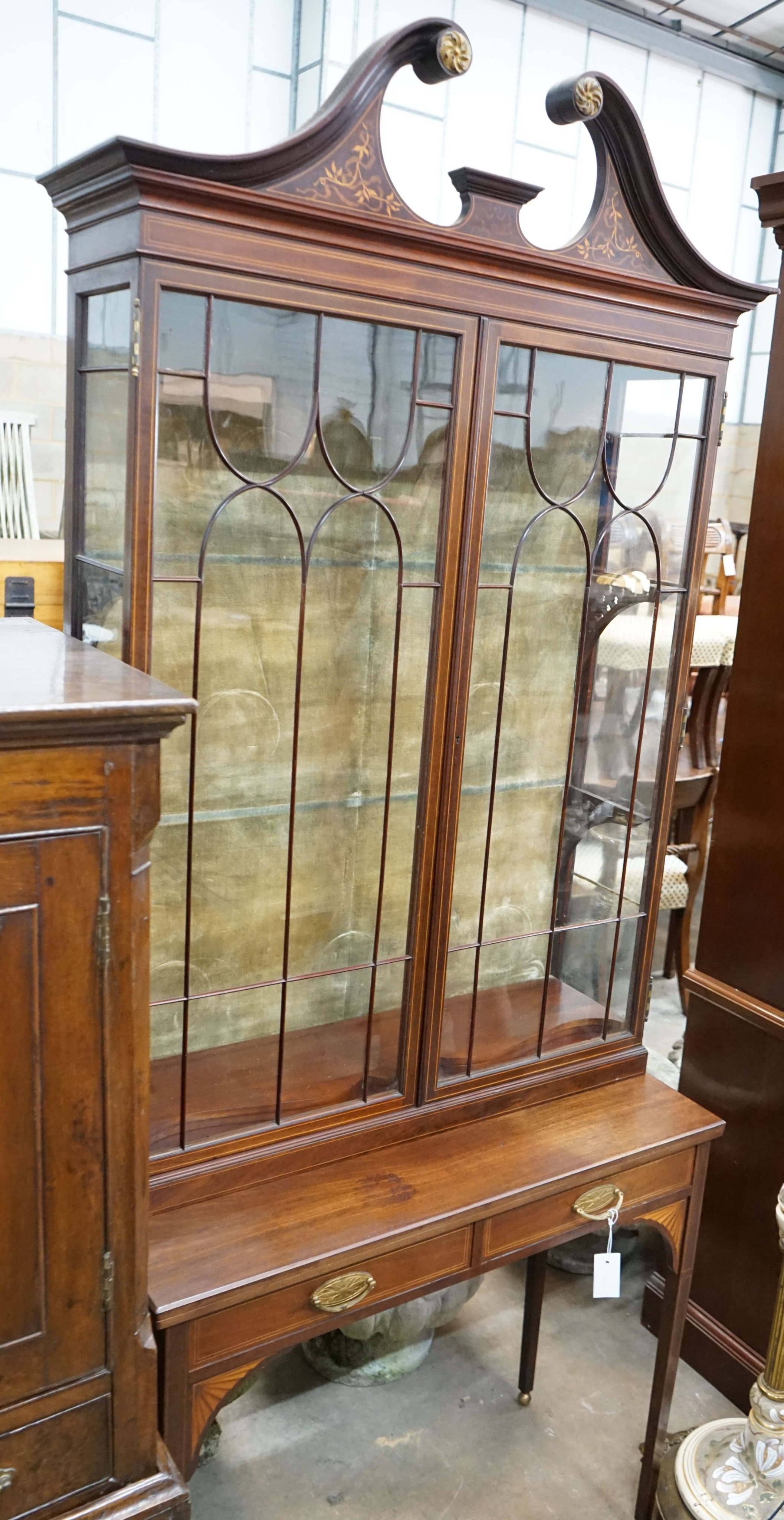 An Edwardian Sheraton revival inlaid mahogany display cabinet, width 86cm, depth 40cm, height 210cm                                                                                                                         