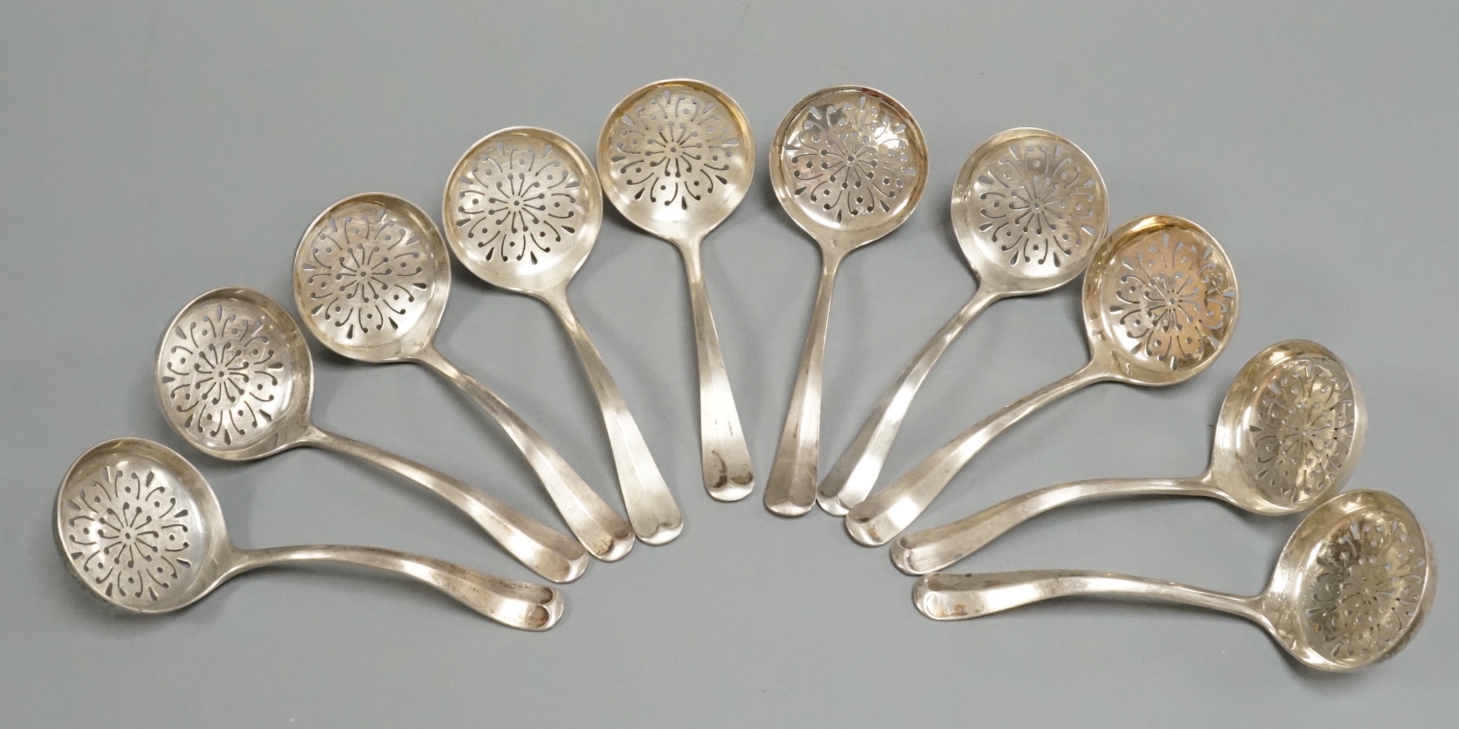 A set of ten George VI silver Hanovarian pattern sifter ladles, Atkin Brothers, Sheffield, 1937, 11.5cm, 8.6oz.                                                                                                             
