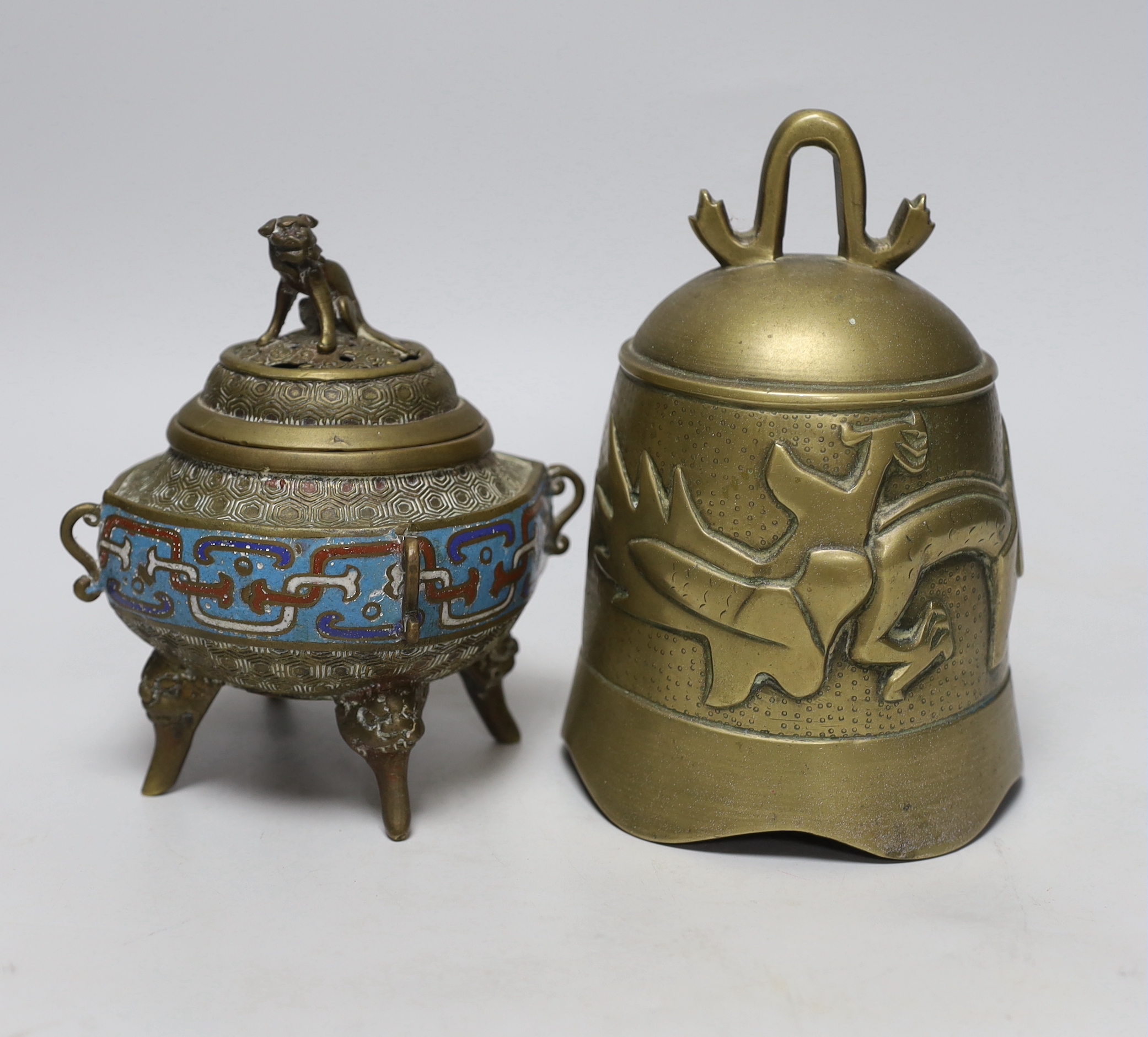 A Japanese champleve enamel and bronze censer and a Chinese bronze bell, tallest 18cm                                                                                                                                       