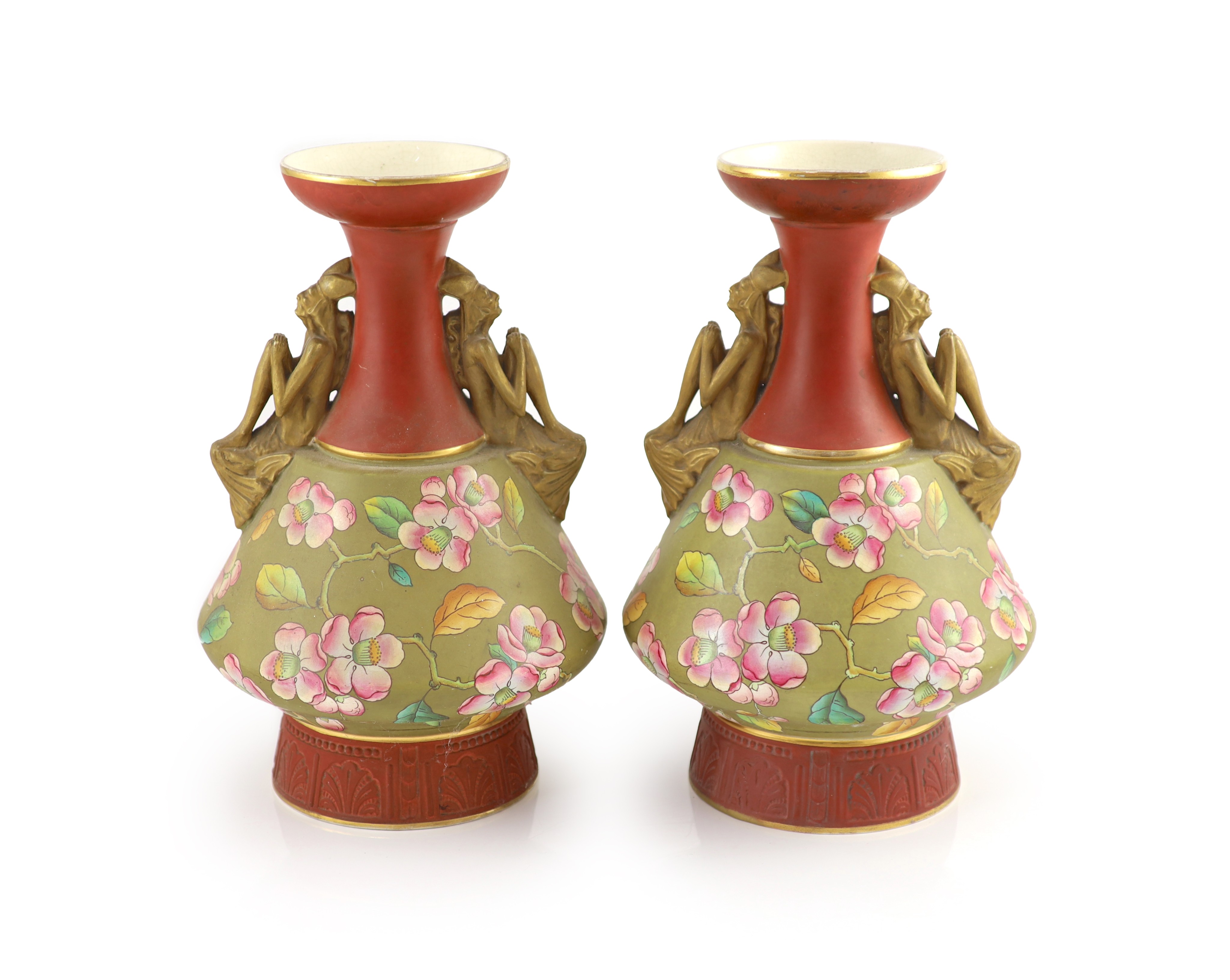 Christoper Dresser for Old Hall Earthenware Company Ltd, a pair of vases, c.1884, 36 cm high                                                                                                                                