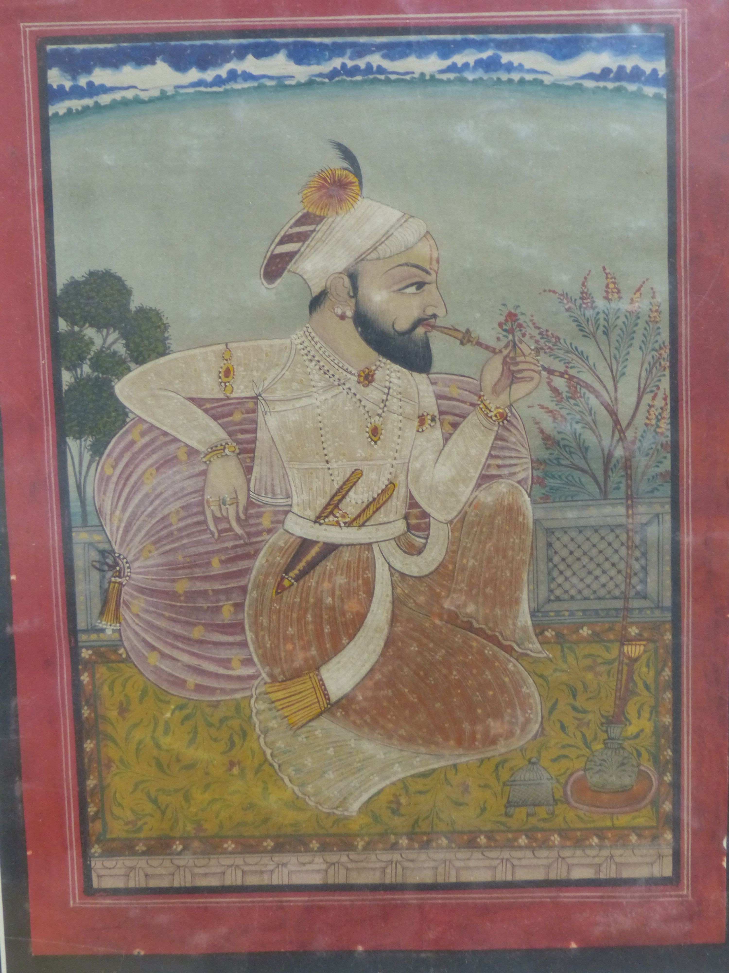 Sikh School, watercolour and gouache, Nobleman smoking a huqqa pipe, 26 x 19cm, unframed                                                                                                                                    