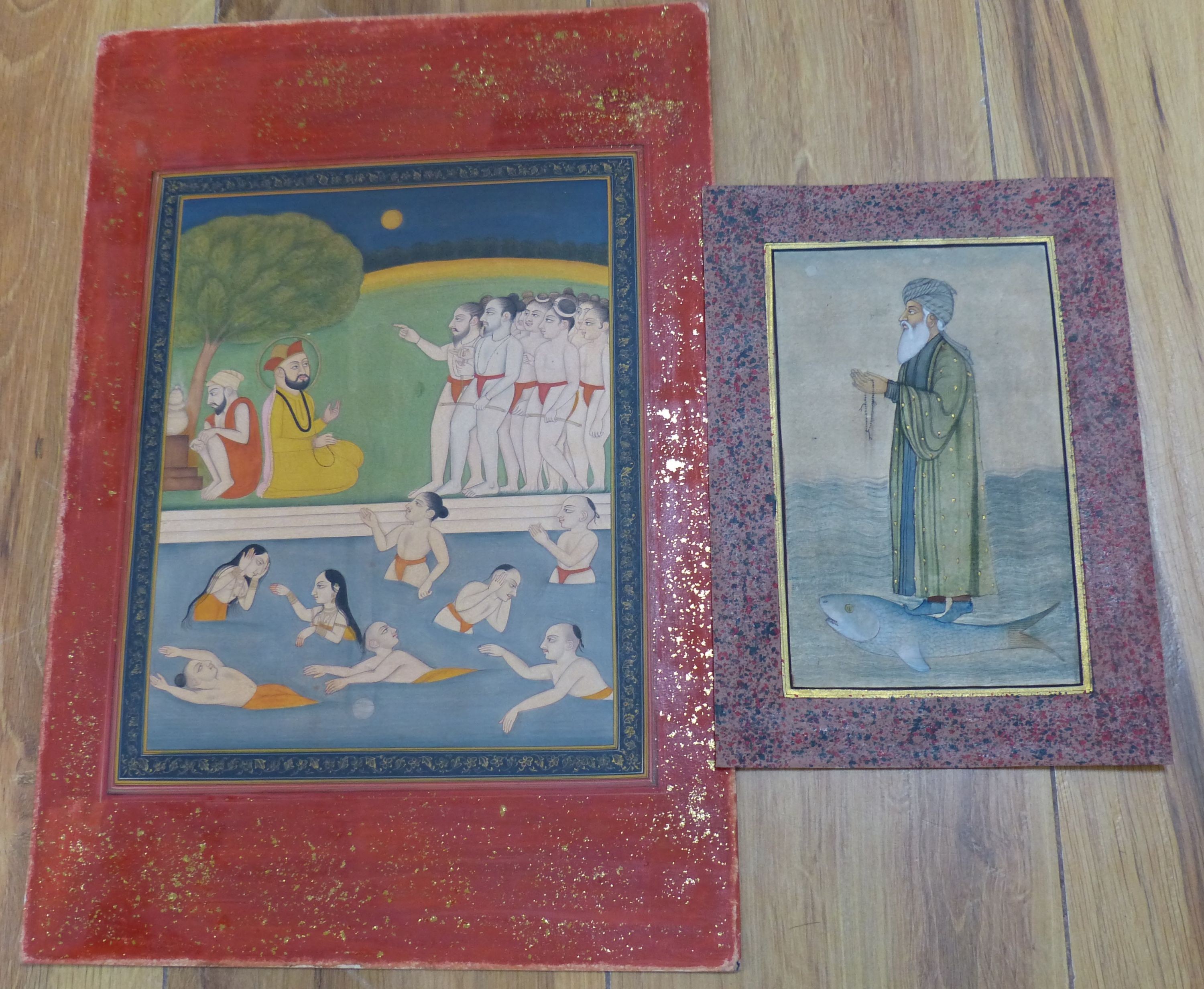 Indian School, two unframed gouache, Figures bathing and study of a sage standing upon a fish, 22 x 18cm and 17 x 10cm, unframed                                                                                            
