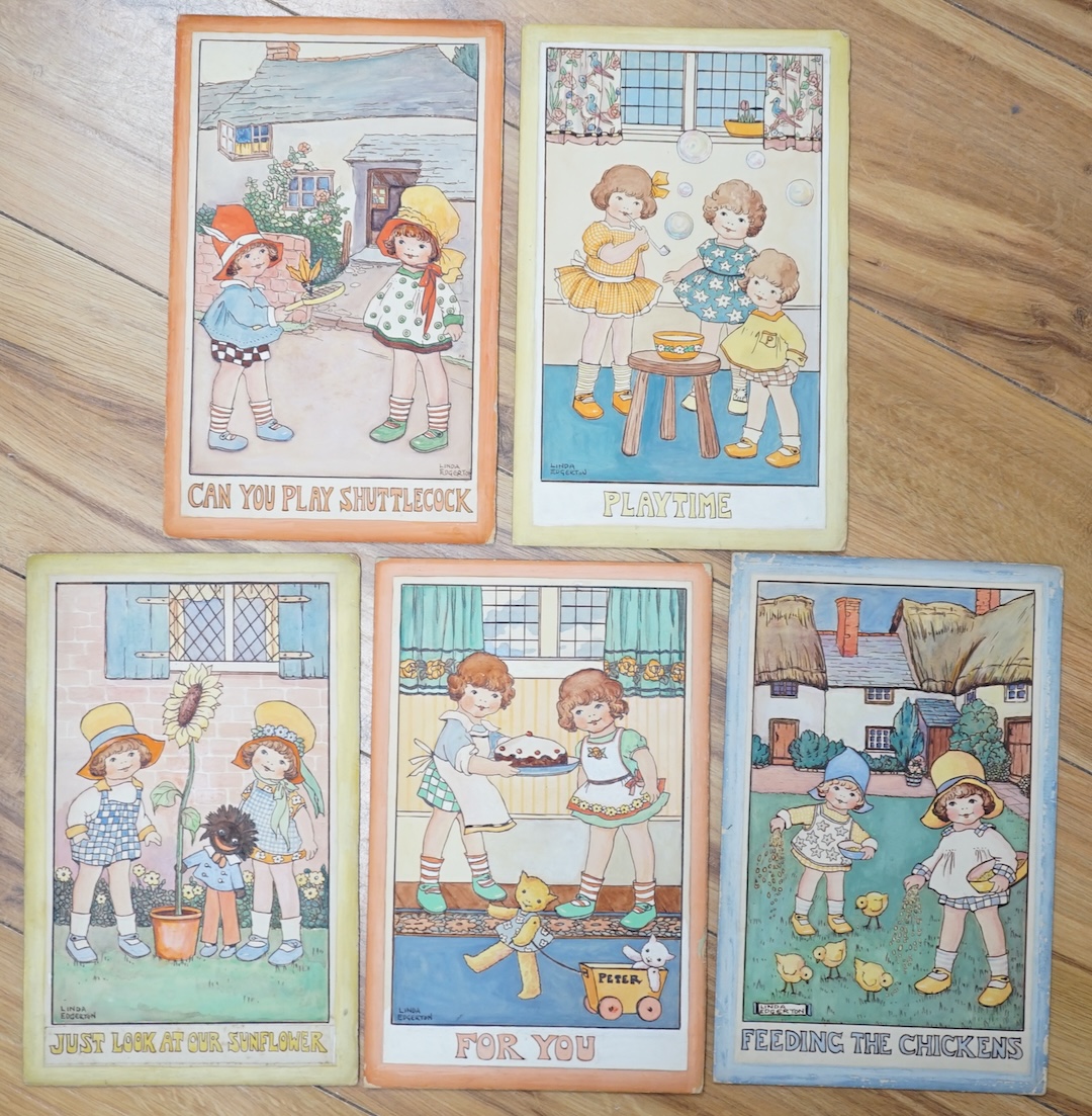 Linda Edgerton (1890-1983), set of five original watercolours for children's postcard designs, including 'Playtime', 'For You' and 'Feeding the Chickens', each signed, 27 x 17cm, unframed. Condition - fair               