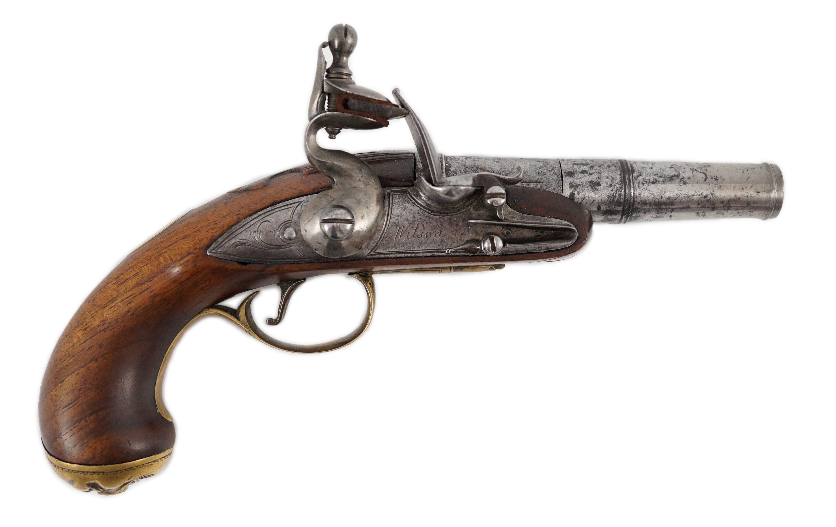 Wilson of London. An early 18th century flintlock pocket pistol, 11cm high 19cm long                                                                                                                                        