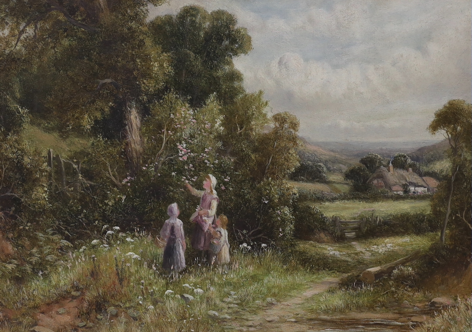 Robert John Hammond, oil on canvas, signed, girls picking flowers on a country path, 24.5 X 34.5 cm                                                                                                                         