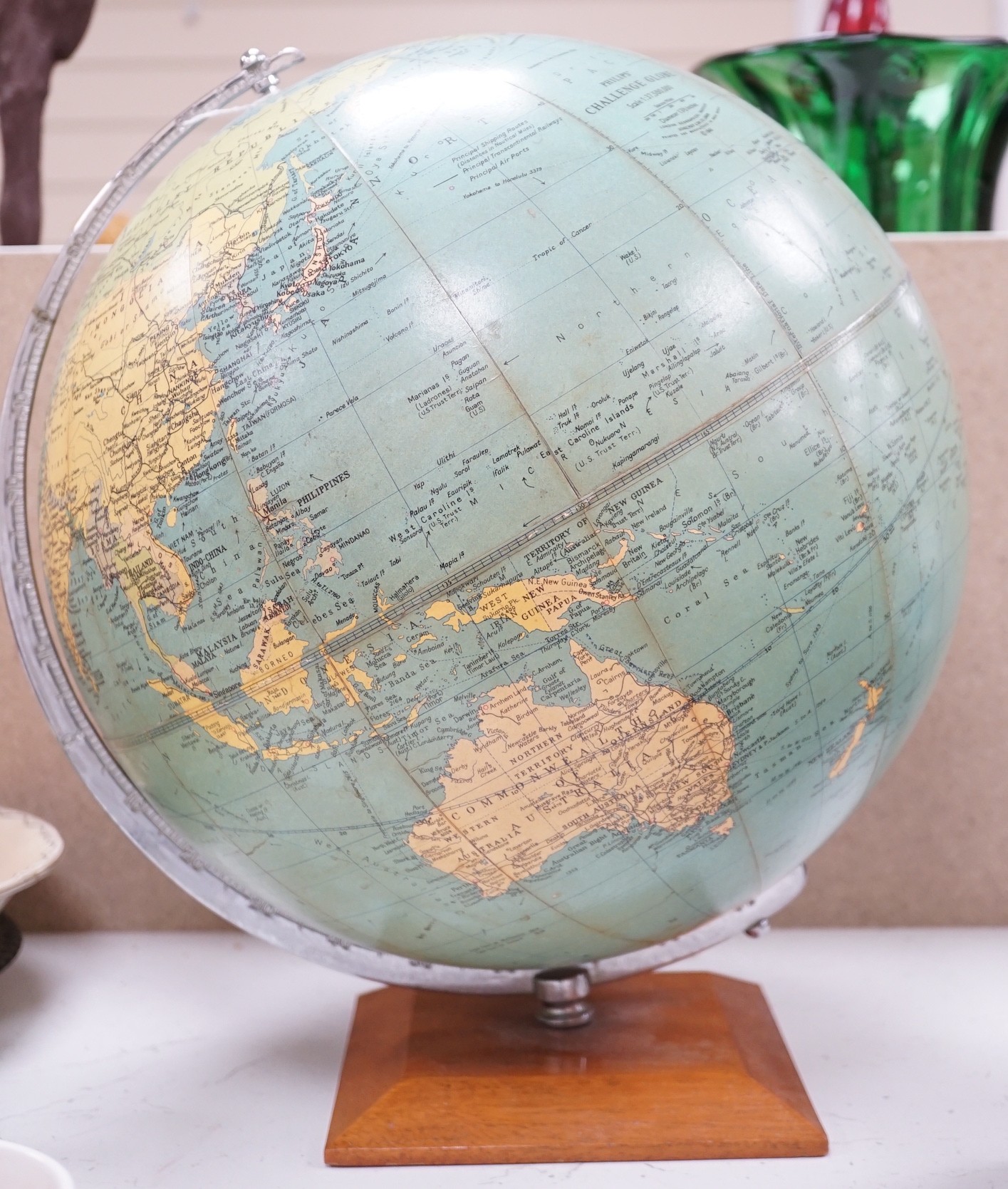 A Philip’s Challenge Globe on stand, scale 1:37,500,000, diameter 13.5 inches                                                                                                                                               