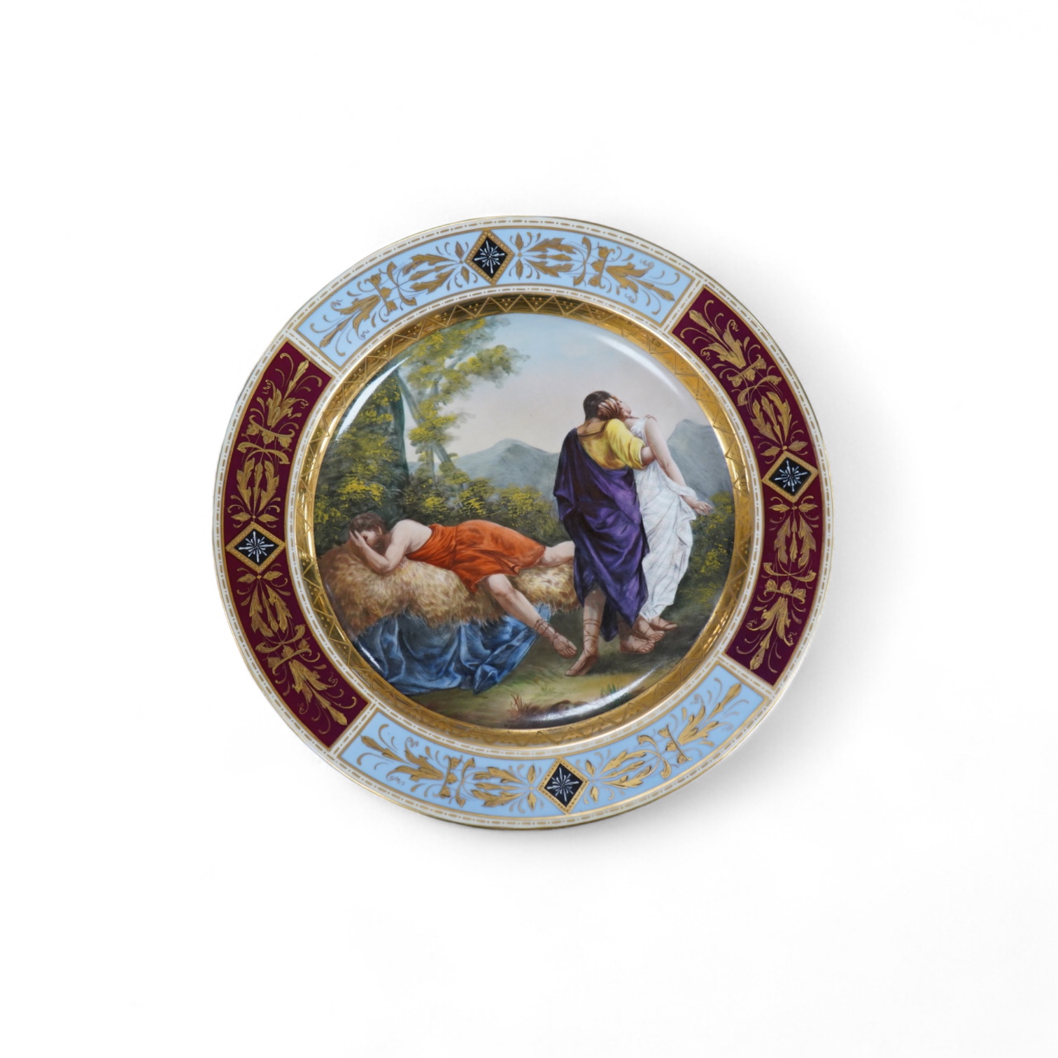 A Vienna style hand painted porcelain dish, ‘’Ubergabe der Briseis’’, Note: "Übergabe der Briseis" translates to "The Surrender (or Handing Over) of Briseis, 36 cm in diameter. Condition - good, This phrase is often asso