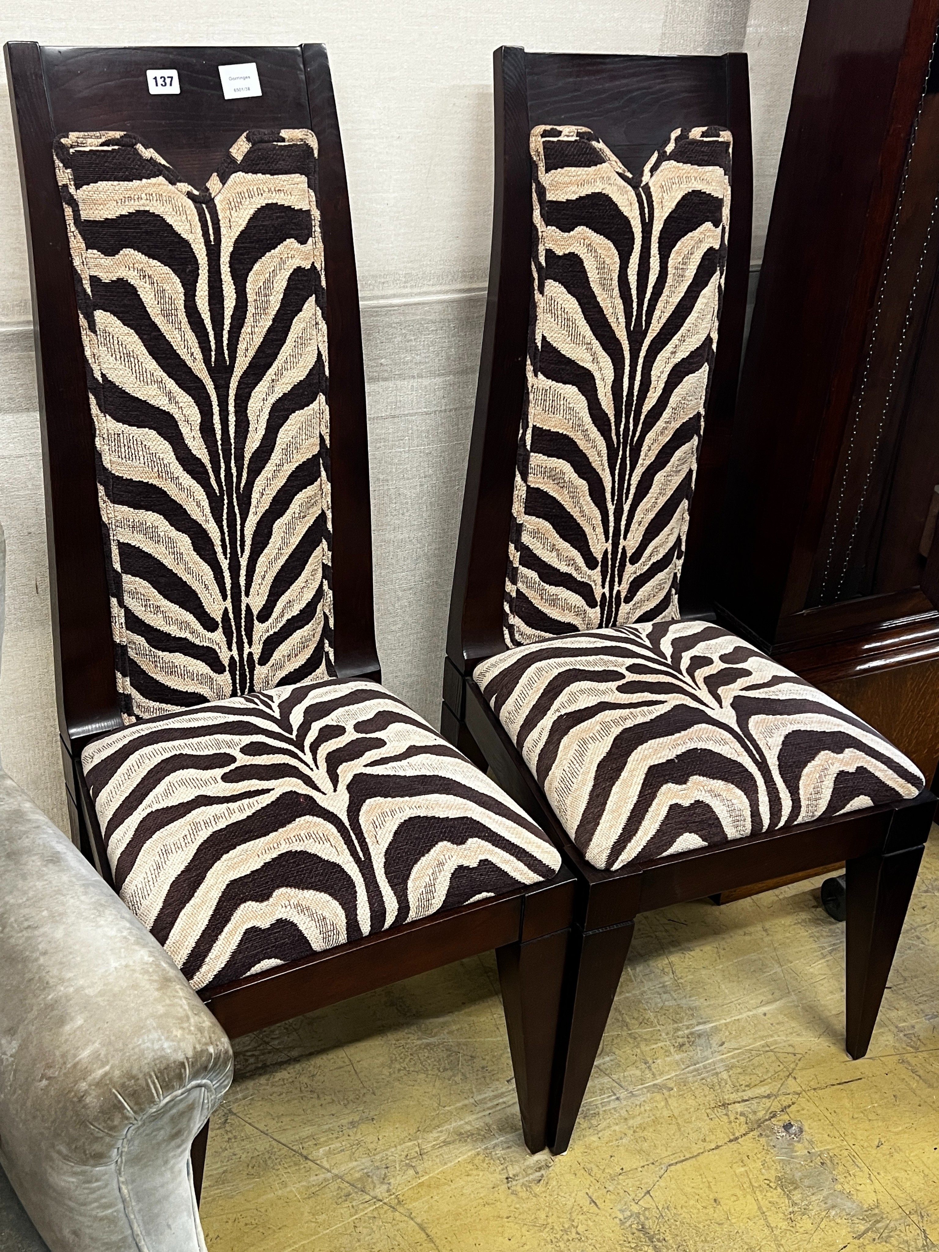 A pair of contemporary Mariner of Valencia zebra print fabric upolsterey side chairs                                                                                                                                        