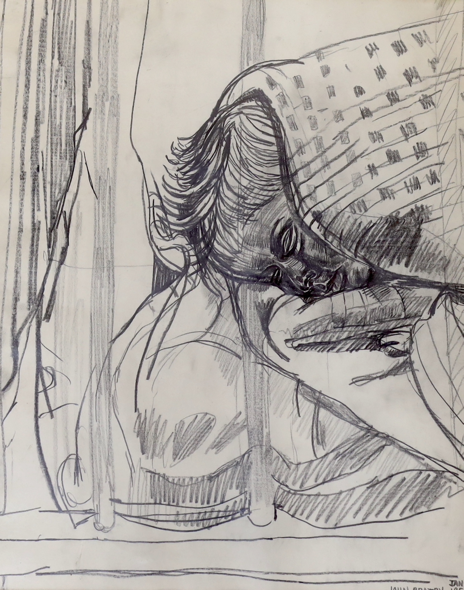 John Bratby (British 1928-1992), pencil drawing, 'David asleep', signed and dated 1957, Beaux Arts label verso, 43 x 35cm                                                                                                   