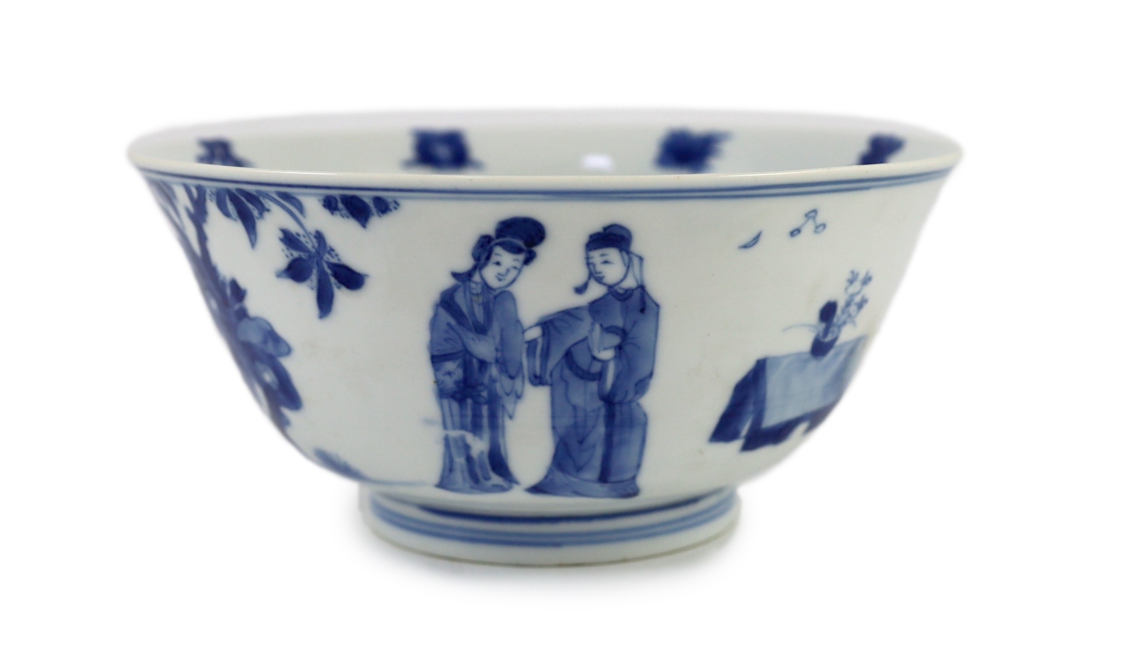 A Chinese blue and white ‘ladies’ bowl, Kangxi period, 15.5cm diameter, wood stand                                                                                                                                          