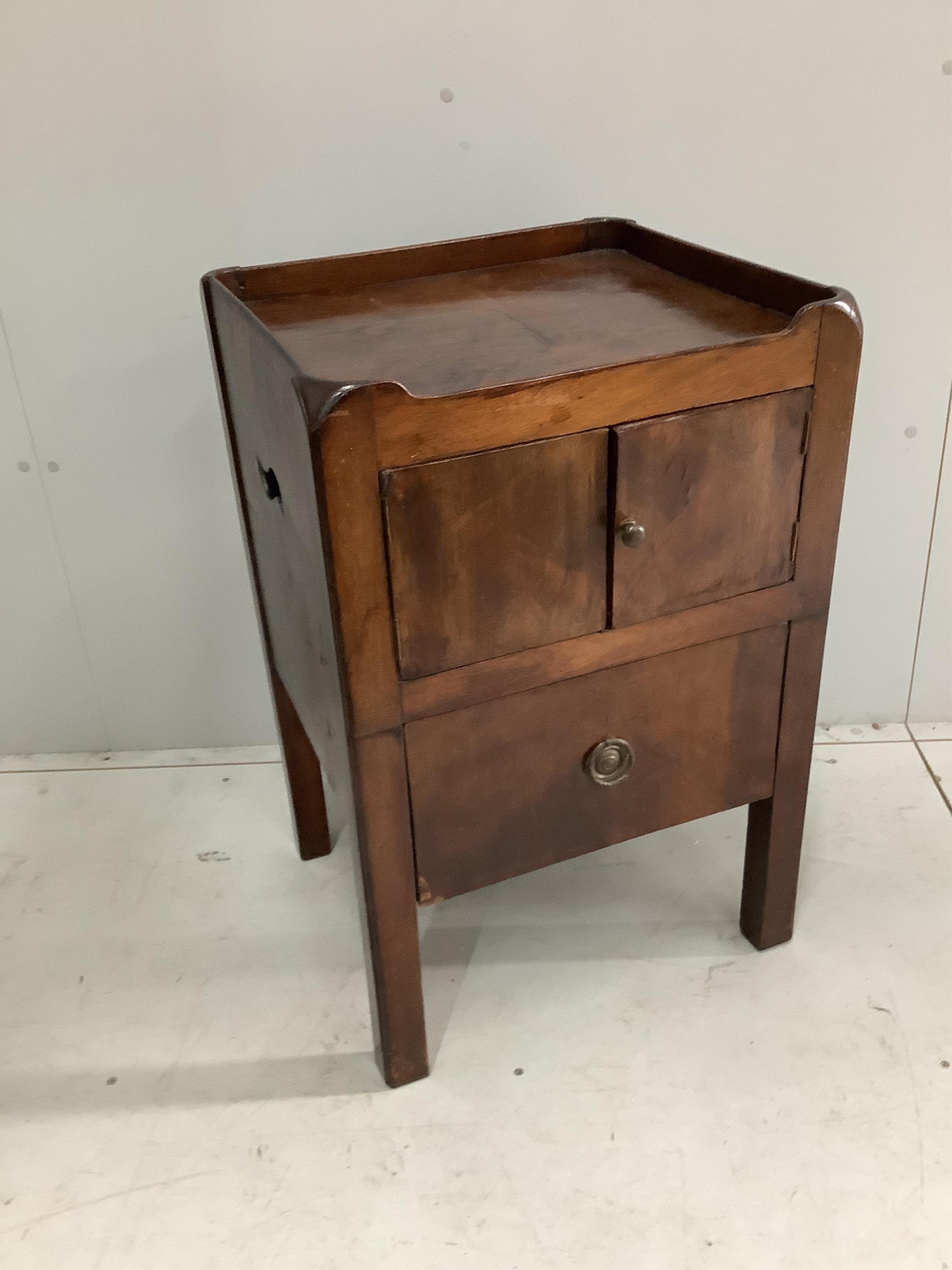 A George III mahogany tray top commode, height 76cm. width 50cm, and a French walnut bedside table, height 73cm. width 42cm. Condition - fair to good                                                                       