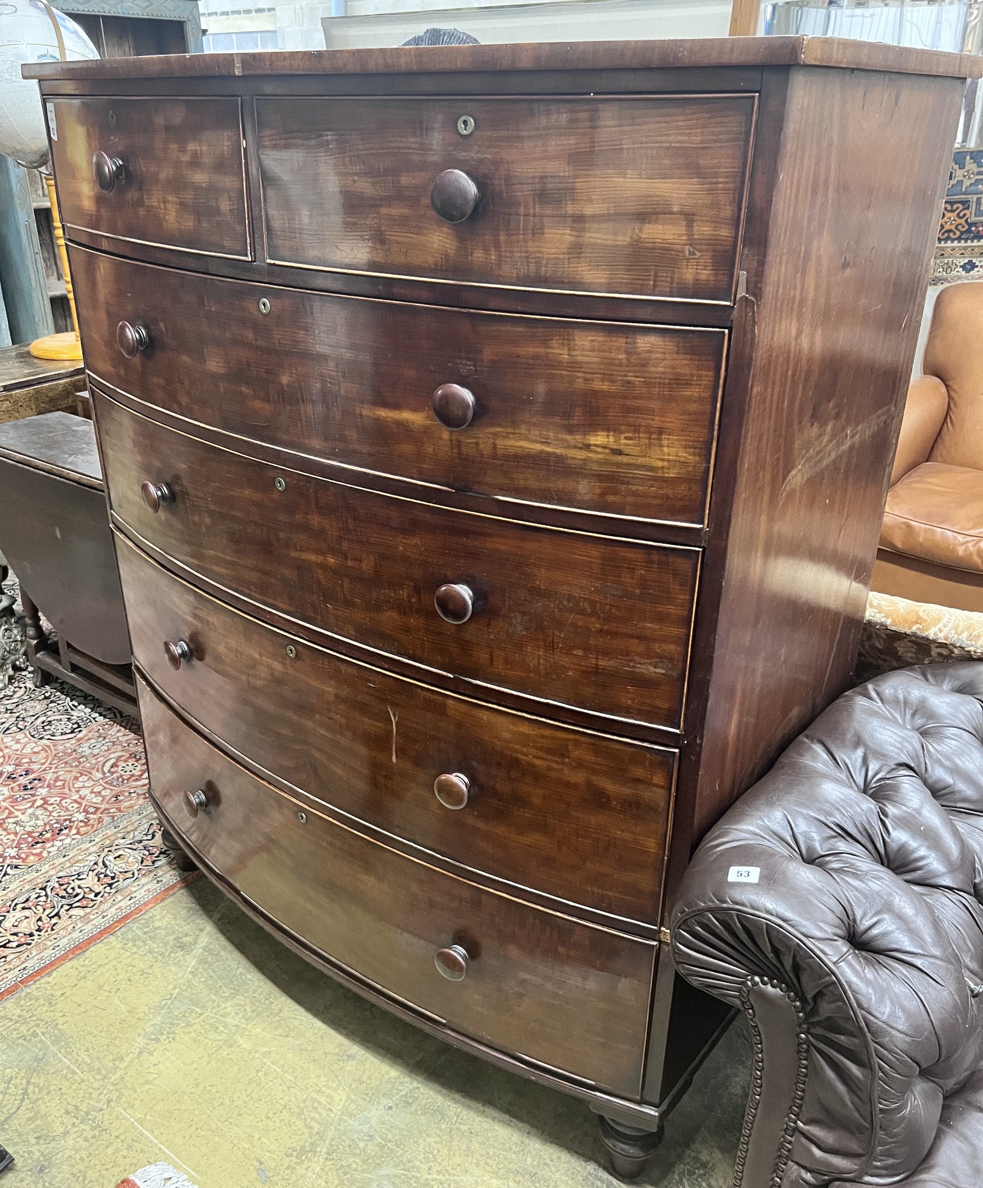 An early Victorian mahogany six drawer bowfront chest, width 121cm, depth 64cm, height 149cm                                                                                                                                