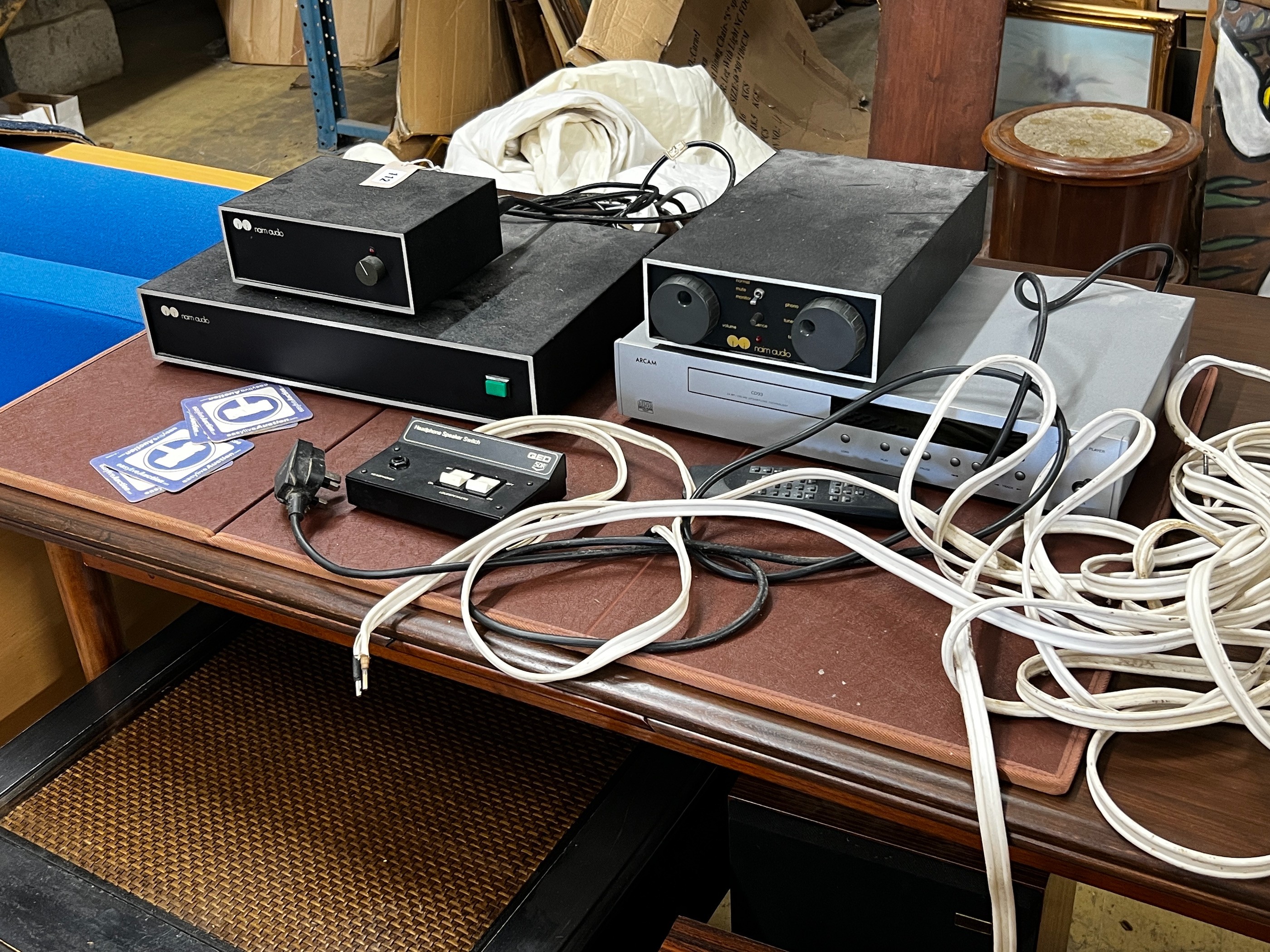 Naim Audio, A Hi Cap Power amplifier, an NAC pre-amplifier and Audio power Amplifier, a pair of Splendor speakers, a pair of Sony SS B4ED speakers an Arcam CD92 player and a QED headphone speaker switch.                 