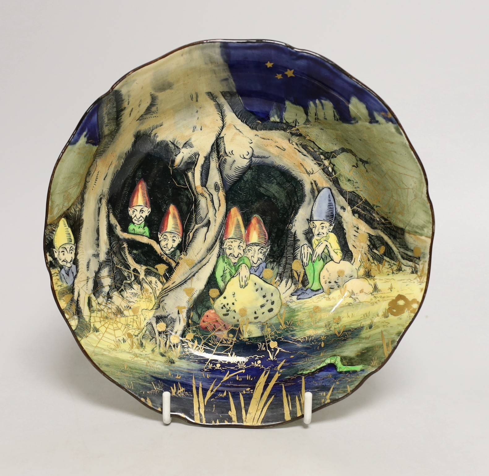 A Doulton seriesware dish Gnomes, Munchkins, dated 1927, 19.5cm                                                                                                                                                             