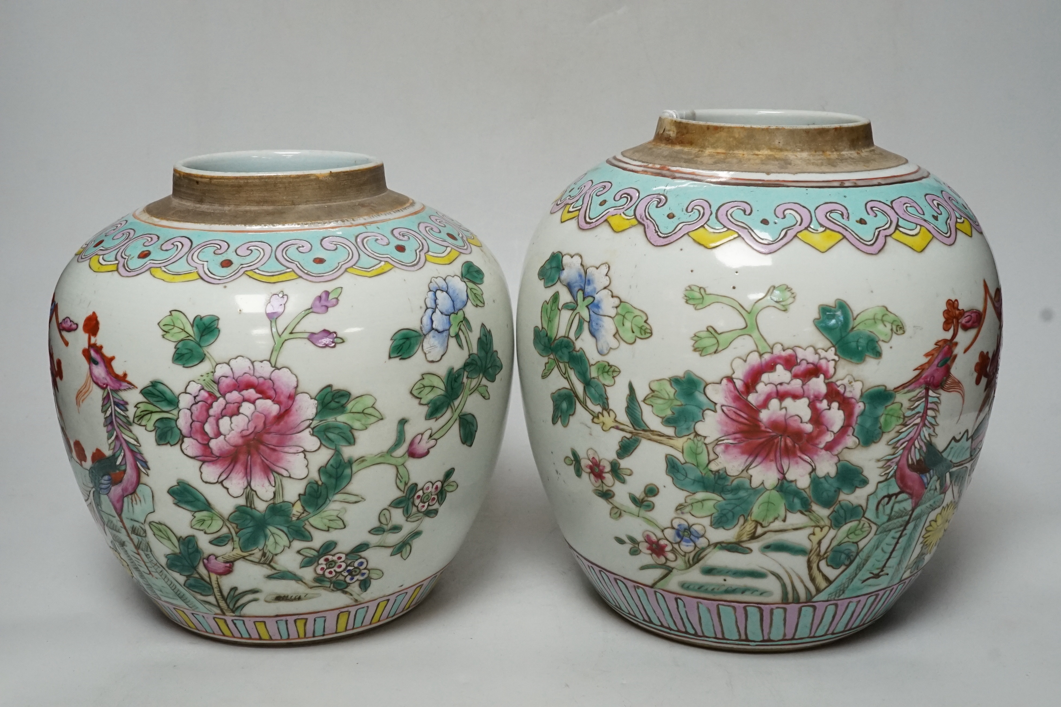 Two graduated 19th century Chinese famille rose ‘phoenix and peony’ ovoid jars, tallest 22cm                                                                                                                                