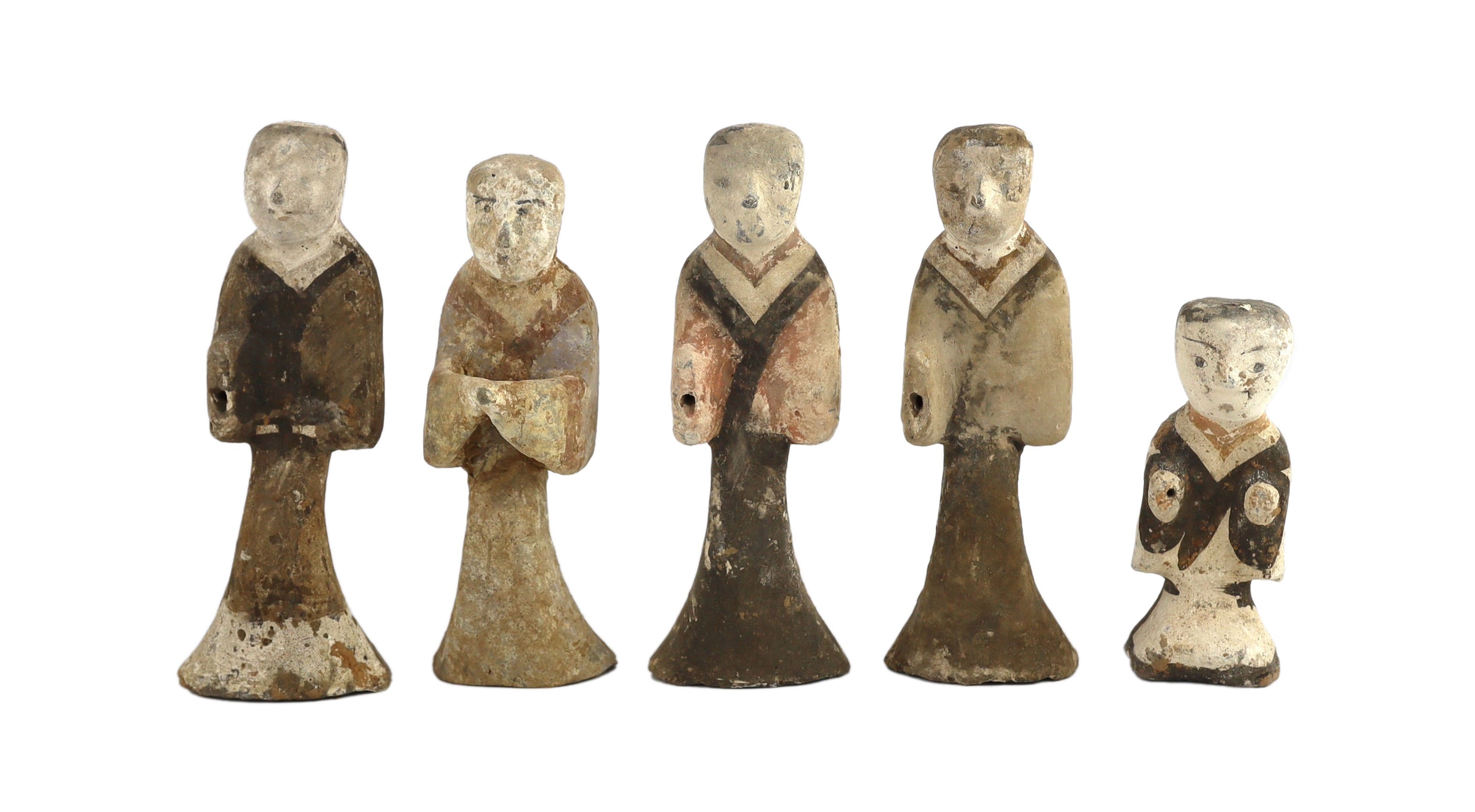 A set of five Chinese pigment painted pottery standing figures of musicians, Han dynasty or later, 15–22cm high                                                                                                             