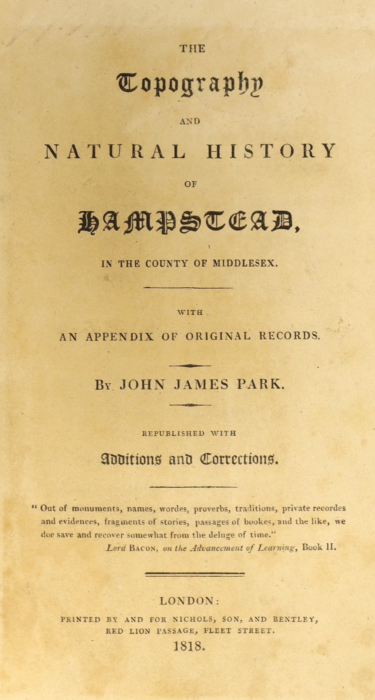Park, John James - The Topography and Natural History of Hampstead....(2nd edition), republished with additions and corrections. large scale folded plan, 13 plates and 2 folded pedigrees, subscribers' list; later 19th ce