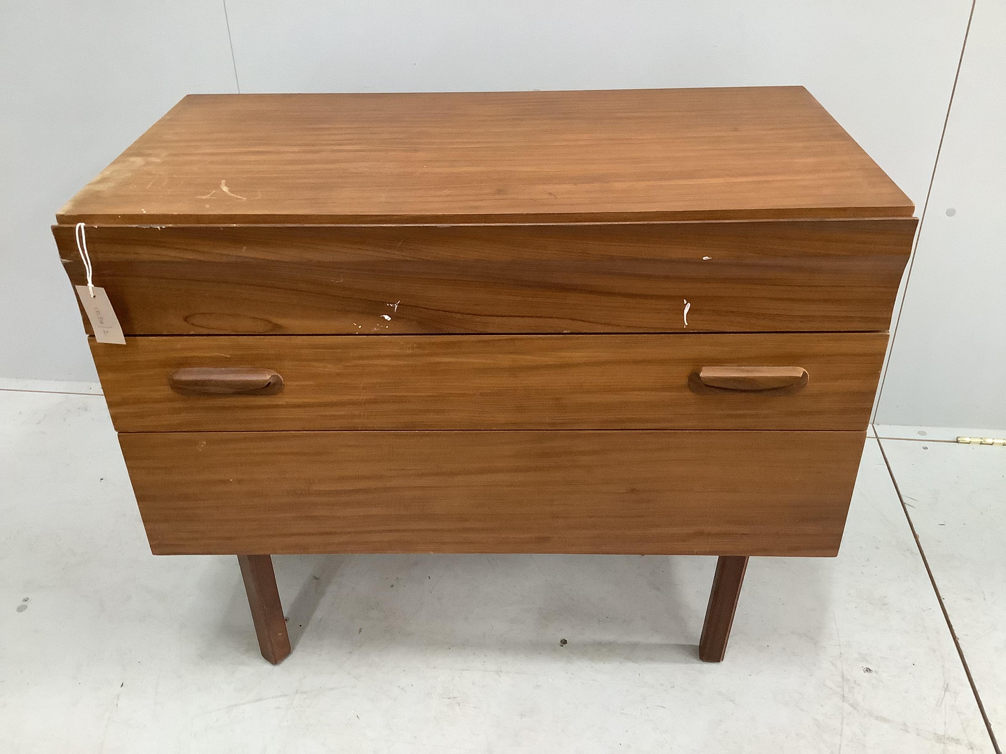 A mid century teak three drawer chest, width 87cm, depth 46cm, height 73cm                                                                                                                                                  