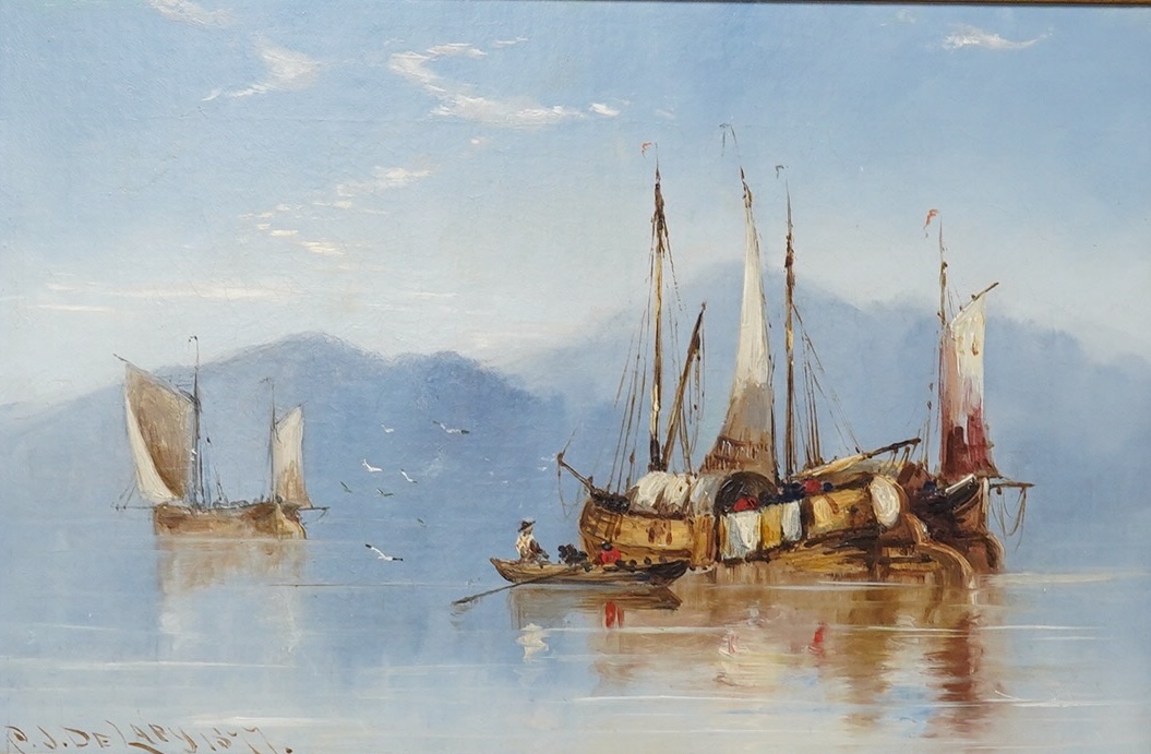 Charles John De Lacy (1860-1936), oil on canvas, “Dutch shipping on the Rhine”, signed and dated 1877, 19 x 30cm, ornate gilt frame. Condition - good, re-lined                                                             