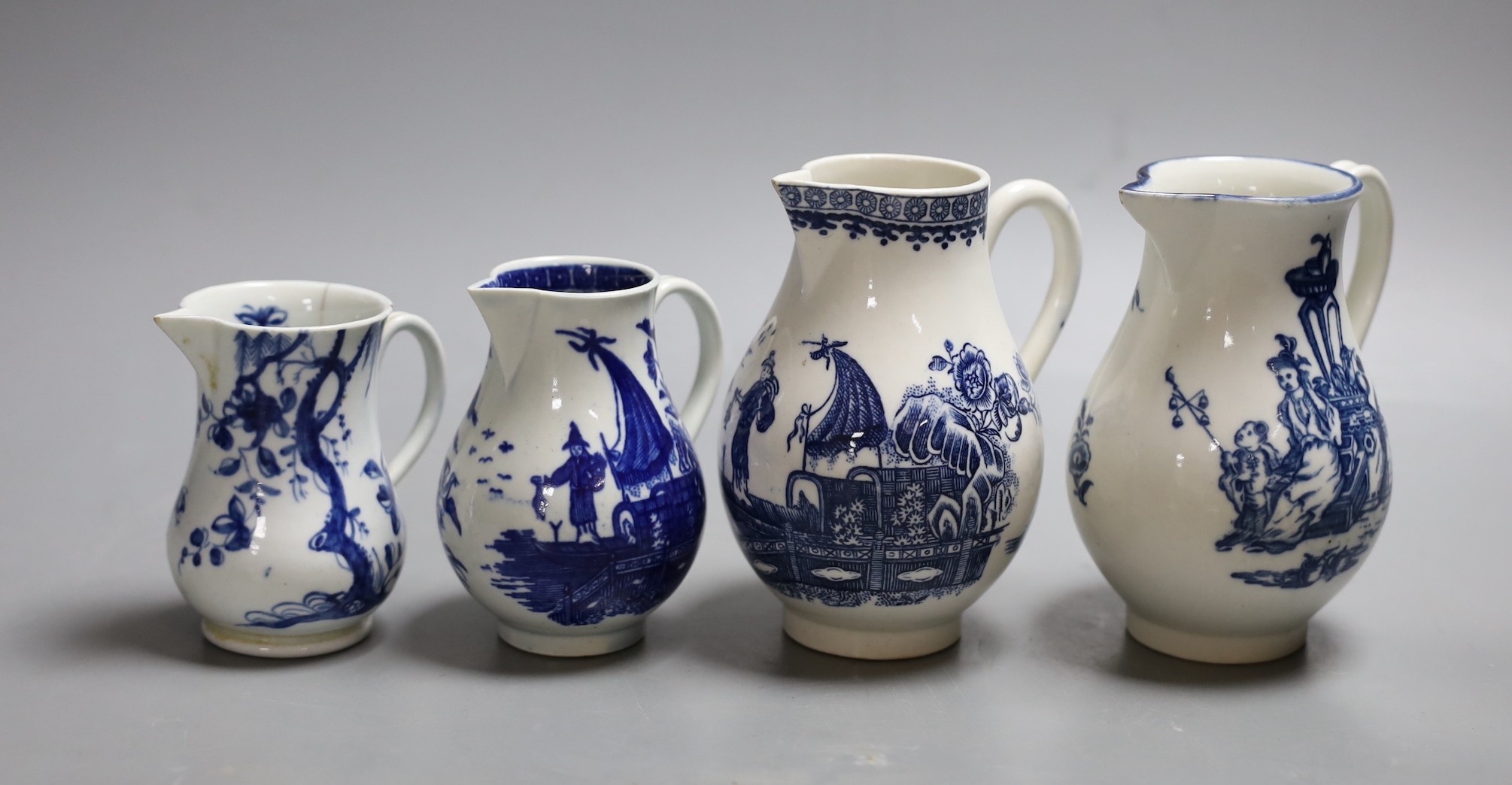 Four late 18th century Worcester blue and white sparrow beak jugs, tallest 12cm                                                                                                                                             