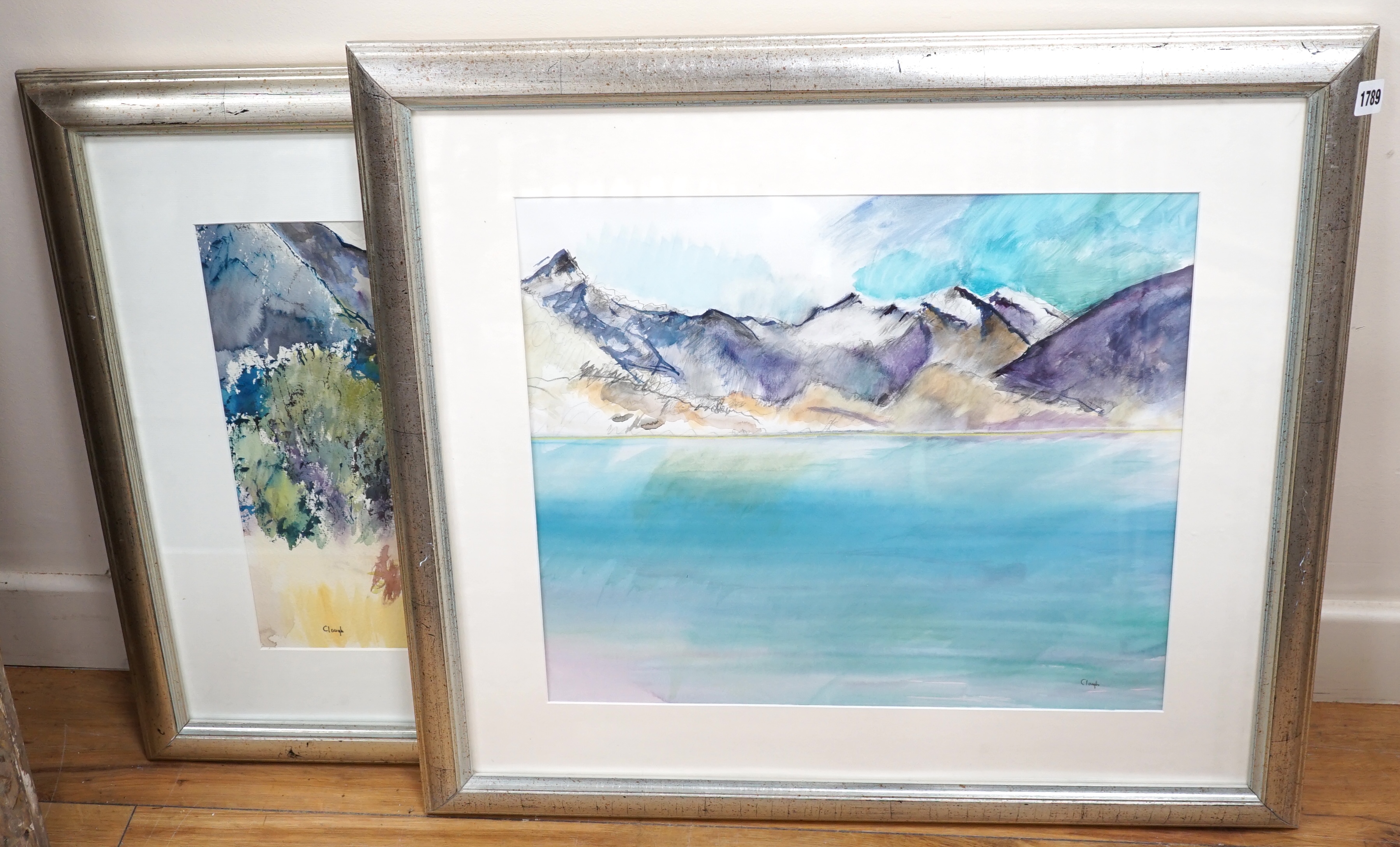 Pauline Clough (contemporary), two watercolours, Mountainous landscapes, each signed, largest 39 x 45cm. Condition - good                                                                                                   