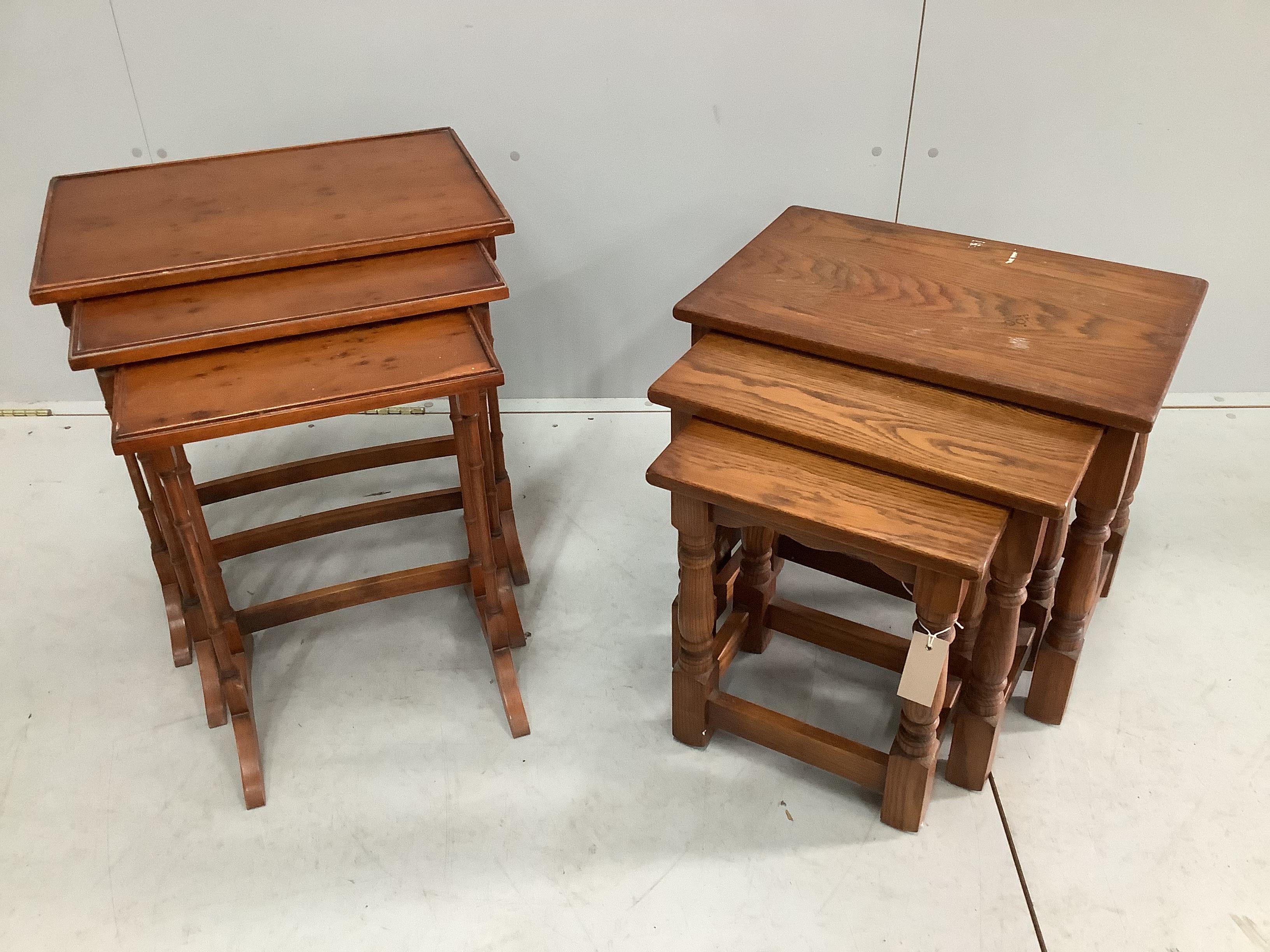 A nest of three rectangular oak tea tables, width 54cm, depth 35cm, height 48cm together with a nest of rectangular yew tea tables                                                                                          