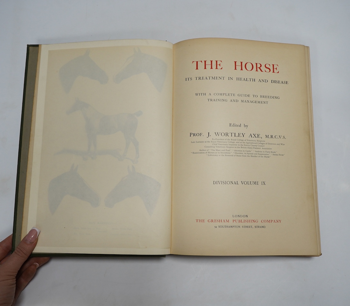 Axe, J. Wortley (editor) - The Horse: its treatment in health and disease. With a complete guide to breeding training and management. 9 vols. many plates (some coloured and folded), 13 folded pedigree tables, many text i