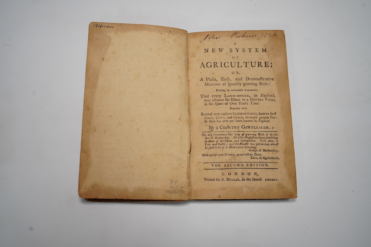 A New System of Agriculture ... By a Country Gentleman. 2nd edition. contemp. gilt ruled calf, sm.8vo. 1755; Carpenter, J. - A Treatise on Agriculture. vol.1 (only, of 2). folded frontis., full page engraving of bee hive