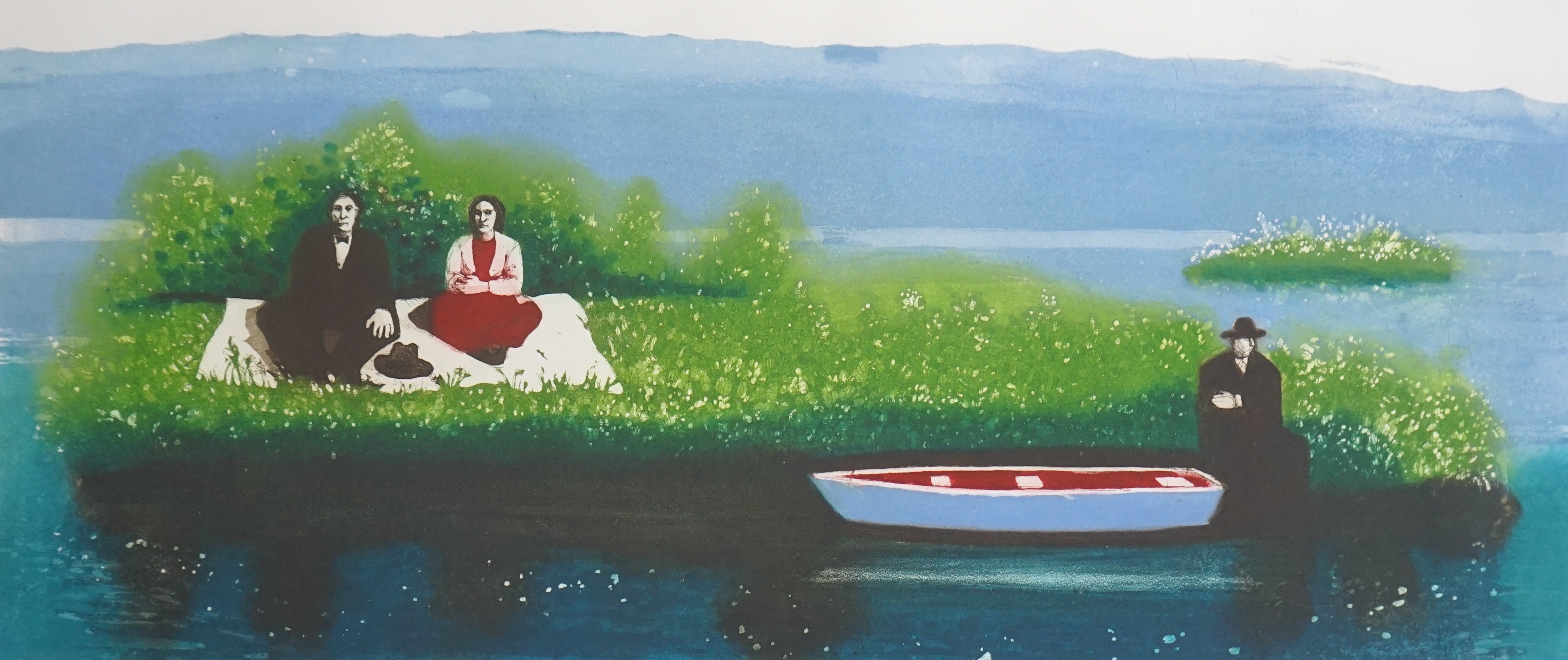 Karolina Larusdottir (Icelandic, 1944-2019), 'The Ferryman waits', coloured etching, 28 x 60cm                                                                                                                              