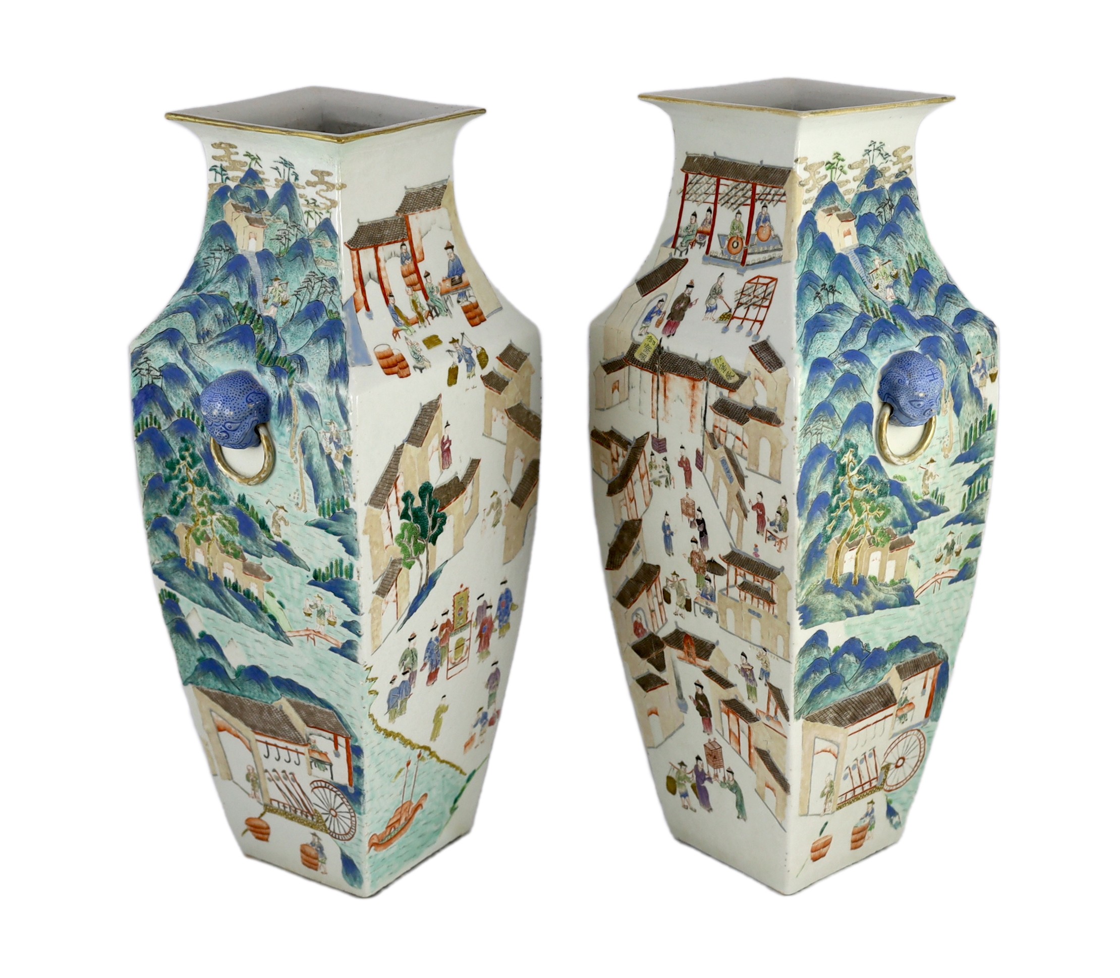 A pair of large Chinese famille rose fencai square baluster vases, 19th century, 53cm high, one corner of rim restored, some wear to enamels                                                                                