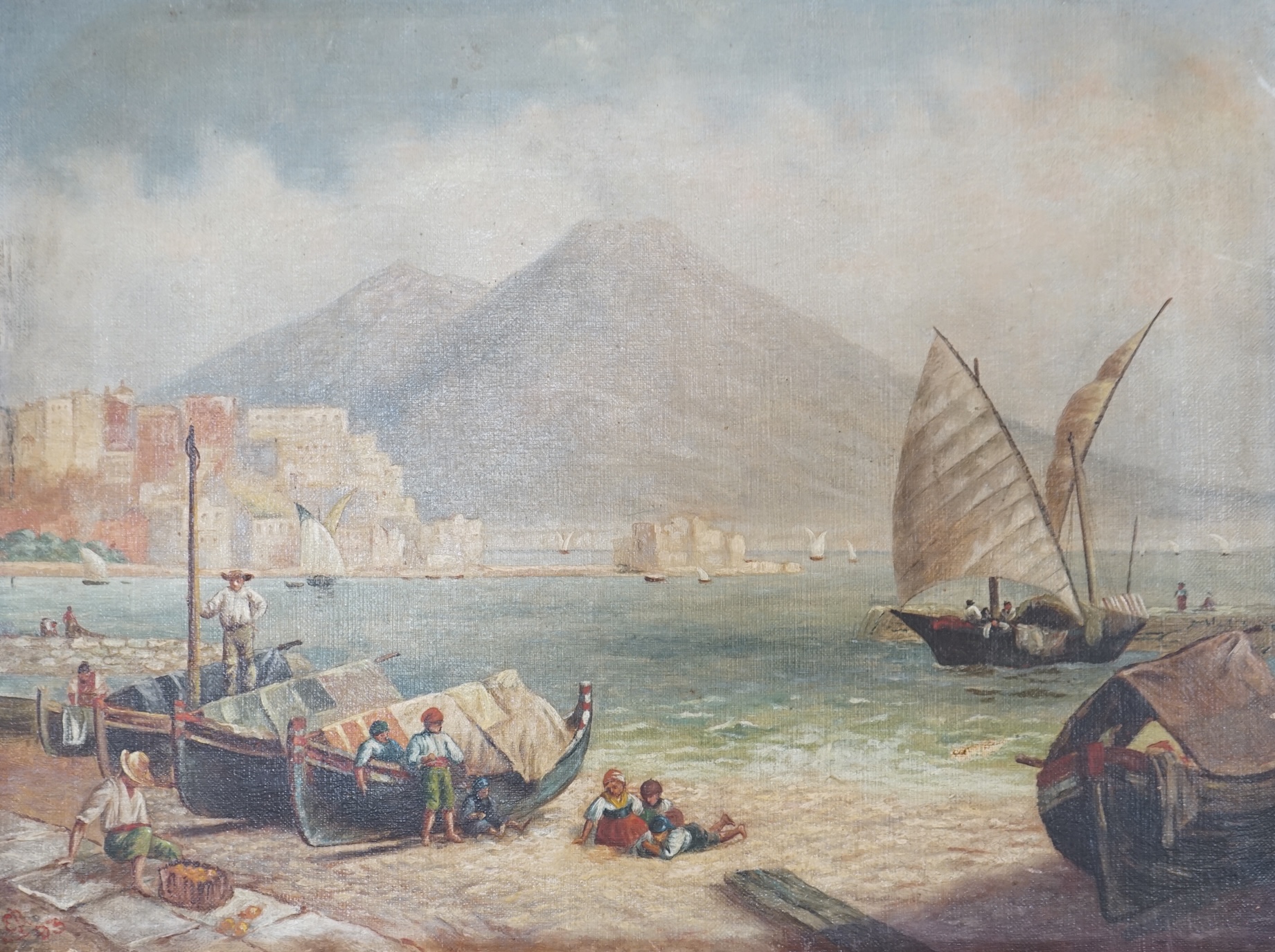 Late 19th century oil on canvas, The Bay of Naples, monogrammed E B and dated '93, 30 x 40cm, unframed. Condition - fair                                                                                                    