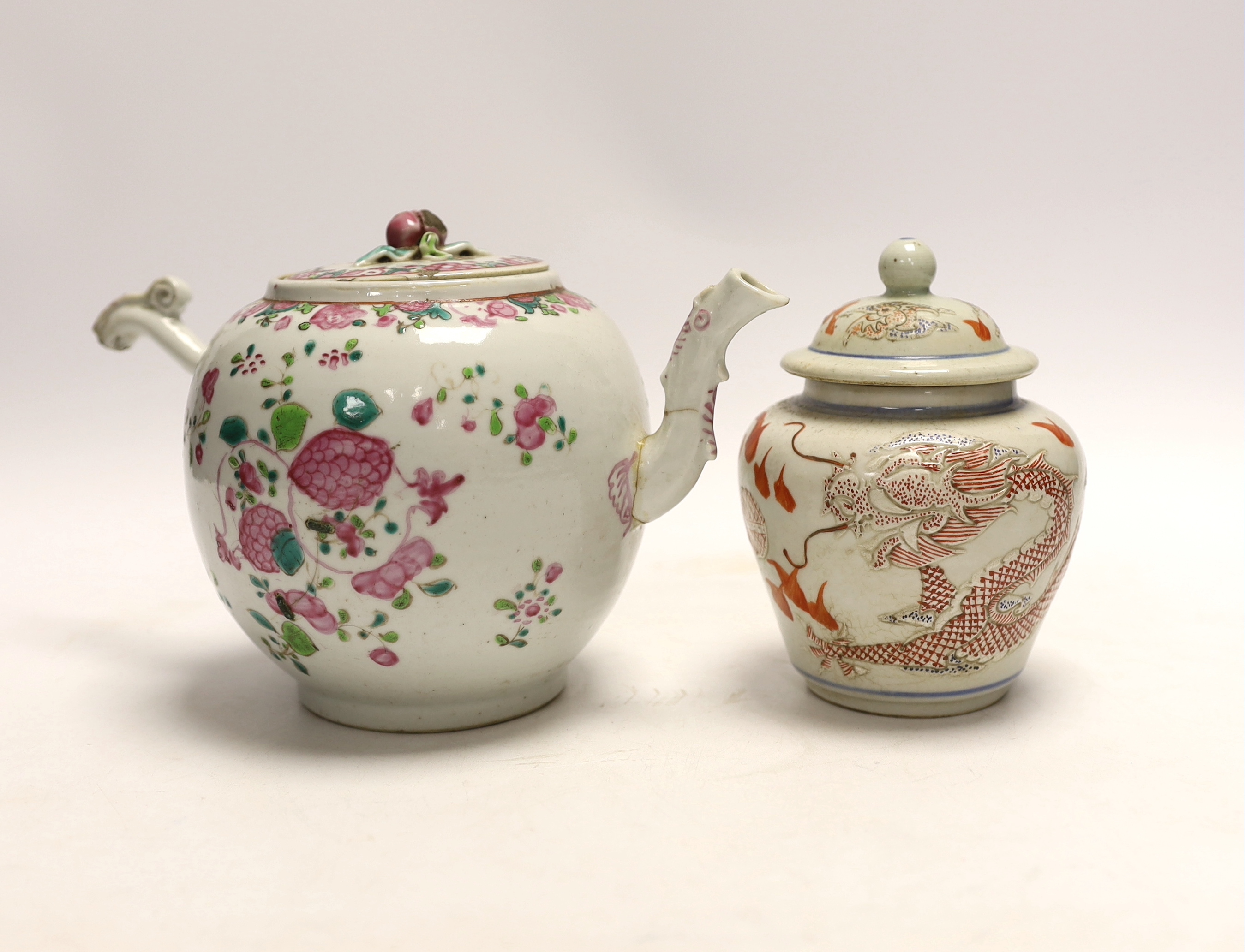 An 18th century Chinese famille rose teapot (a.f) and a ‘dragon’ jar and cover, tallest 14cm                                                                                                                                