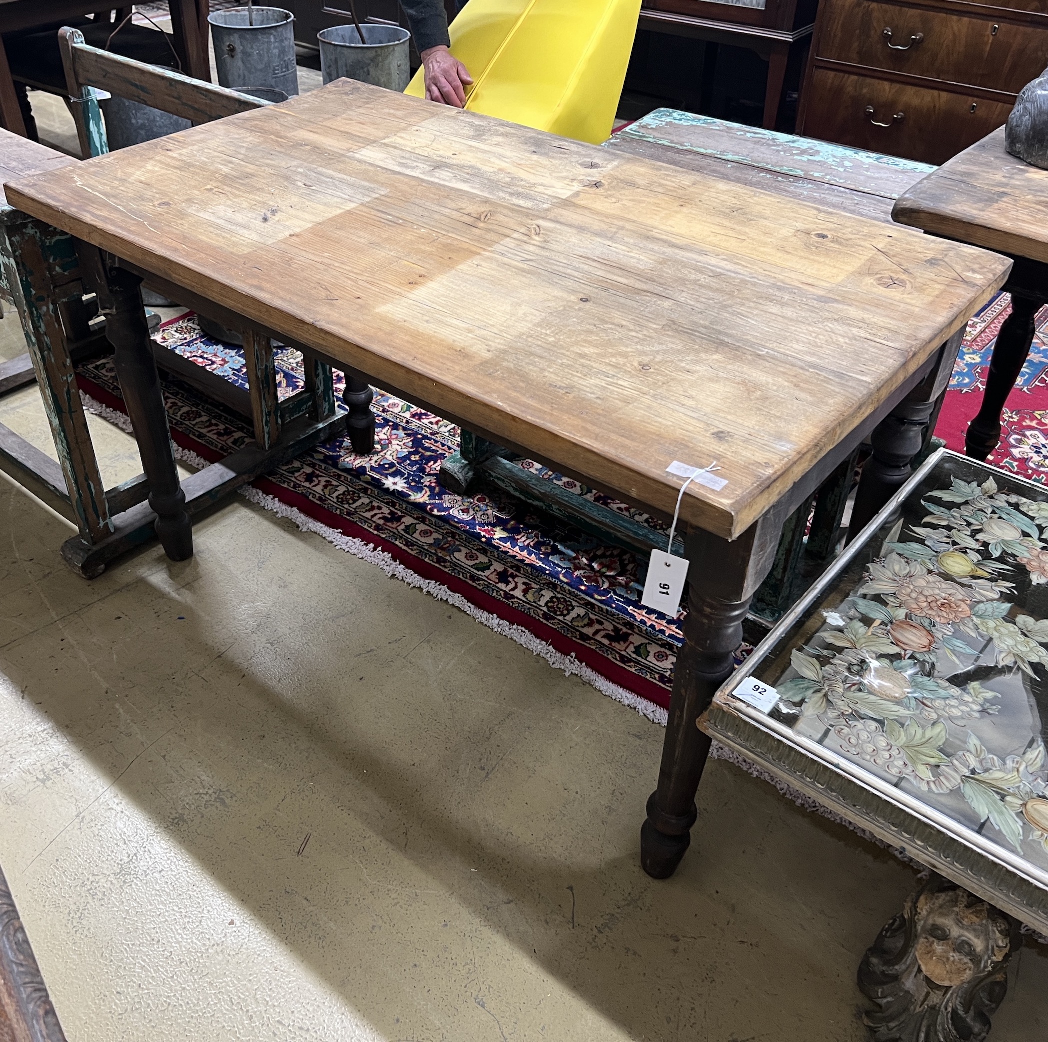 A rectangular Victorian style pine kitchen table, width 119cm, depth 67cm, height 75cm                                                                                                                                      
