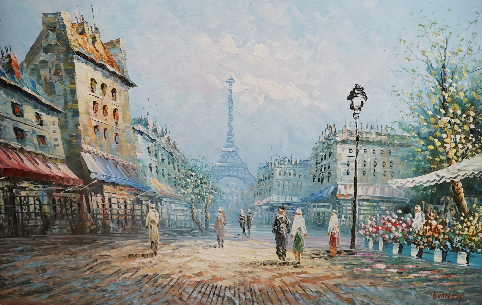 Caroline Burnett (1877-1950), Impressionist oil on canvas, Parisian street scene with figures before the Eiffel Tower, signed, 51 x 76cm, unframed. Condition - fair to good                                                