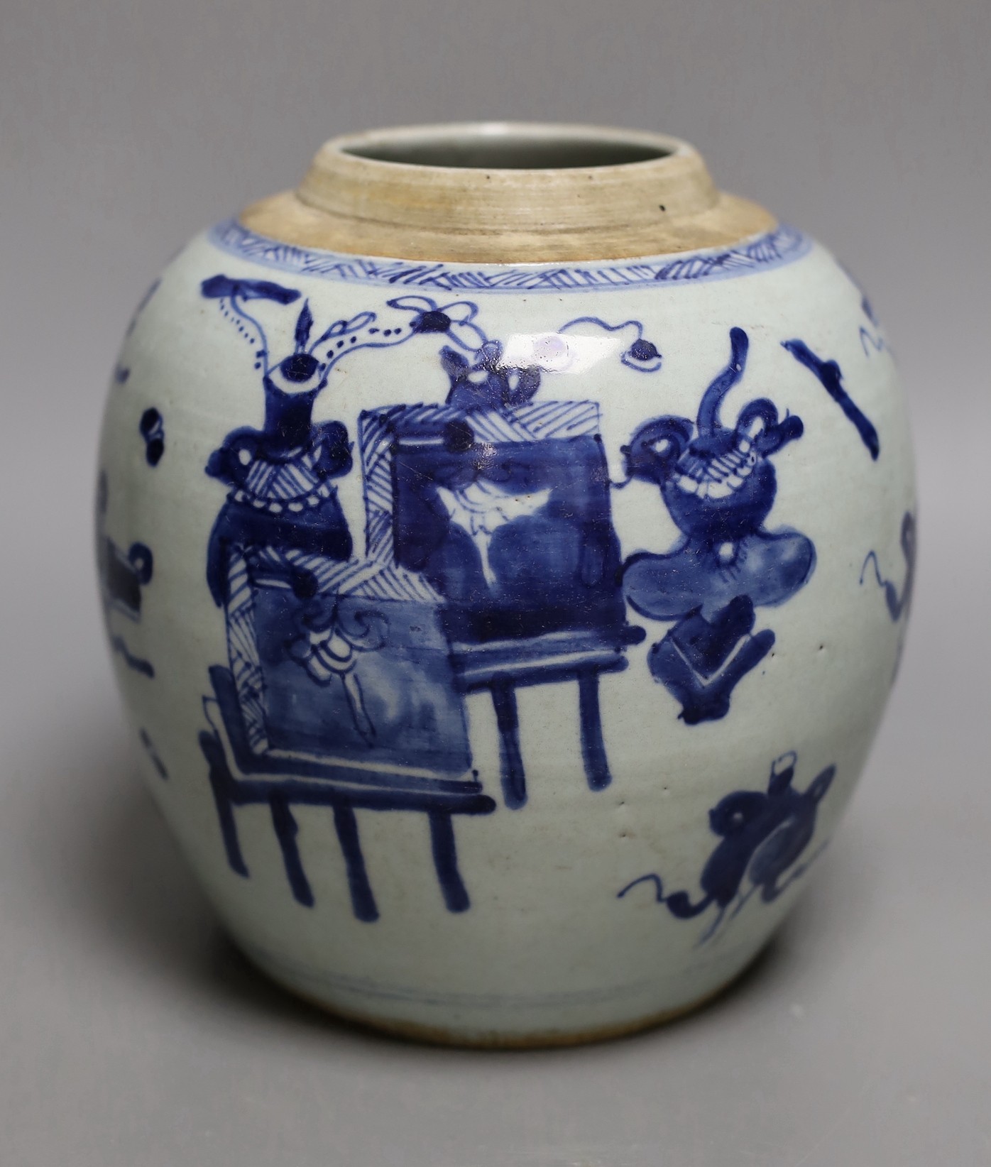 An 18th century Chinese provincial blue and white ‘Hundred Antiques’ jar, 18cm                                                                                                                                              