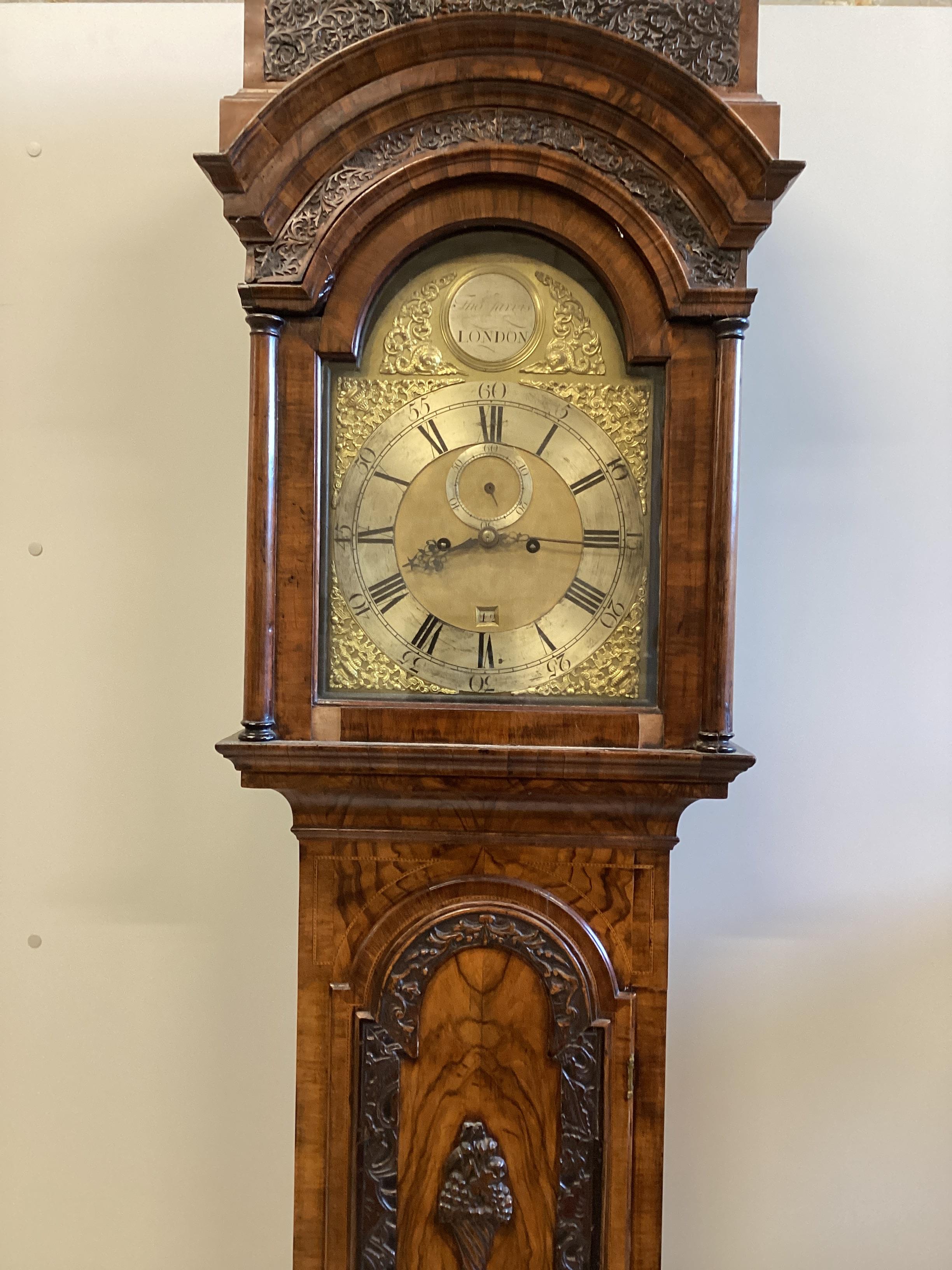 An 18th century figured walnut and oak eight day longcase clock, marked Thomas Jarvis, London, height 230cm                                                                                                                 