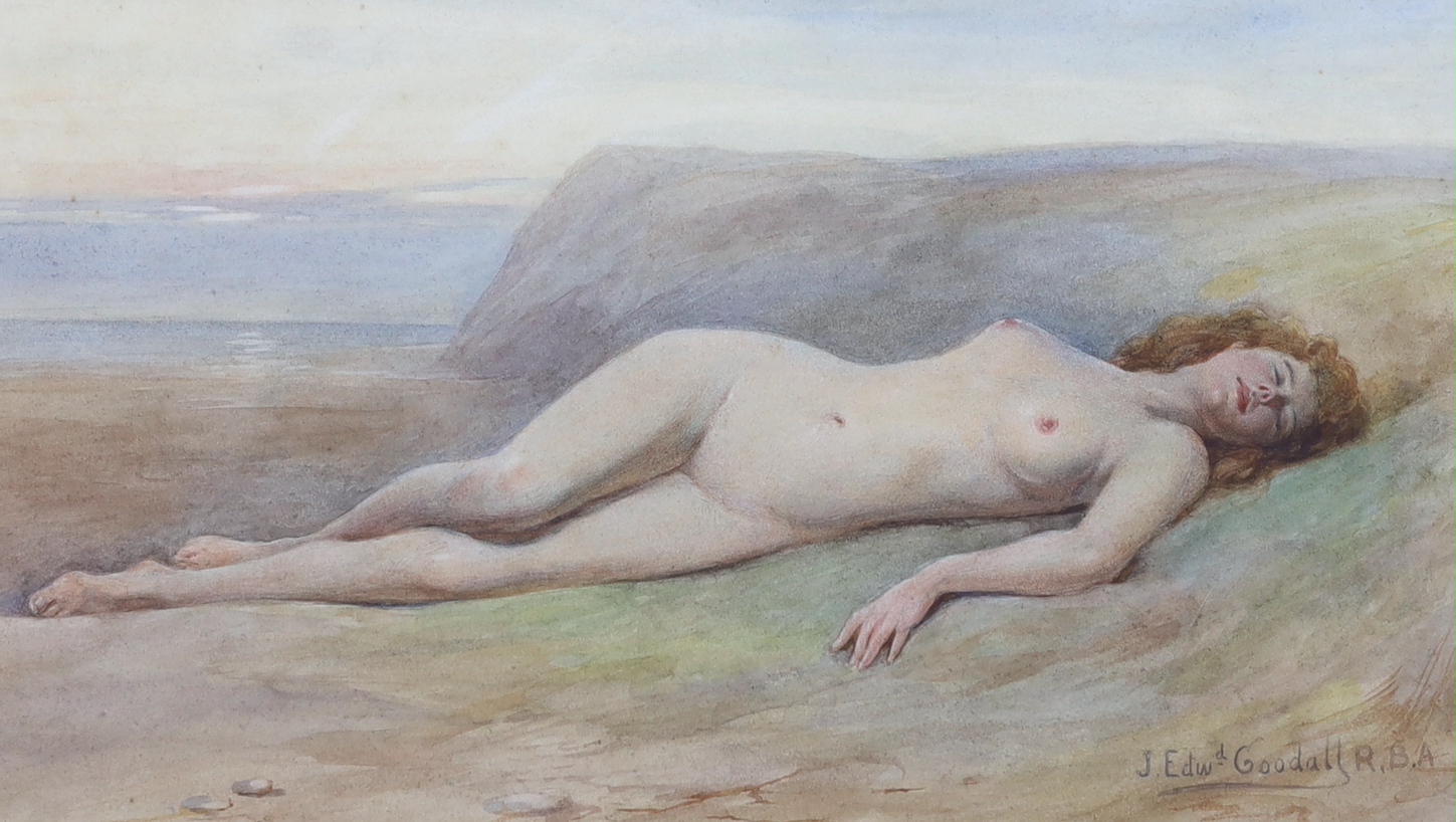 John Edward Goodall (1853-1920), watercolour, Nude reclining upon the seashore, signed, 19 x 33cm                                                                                                                           
