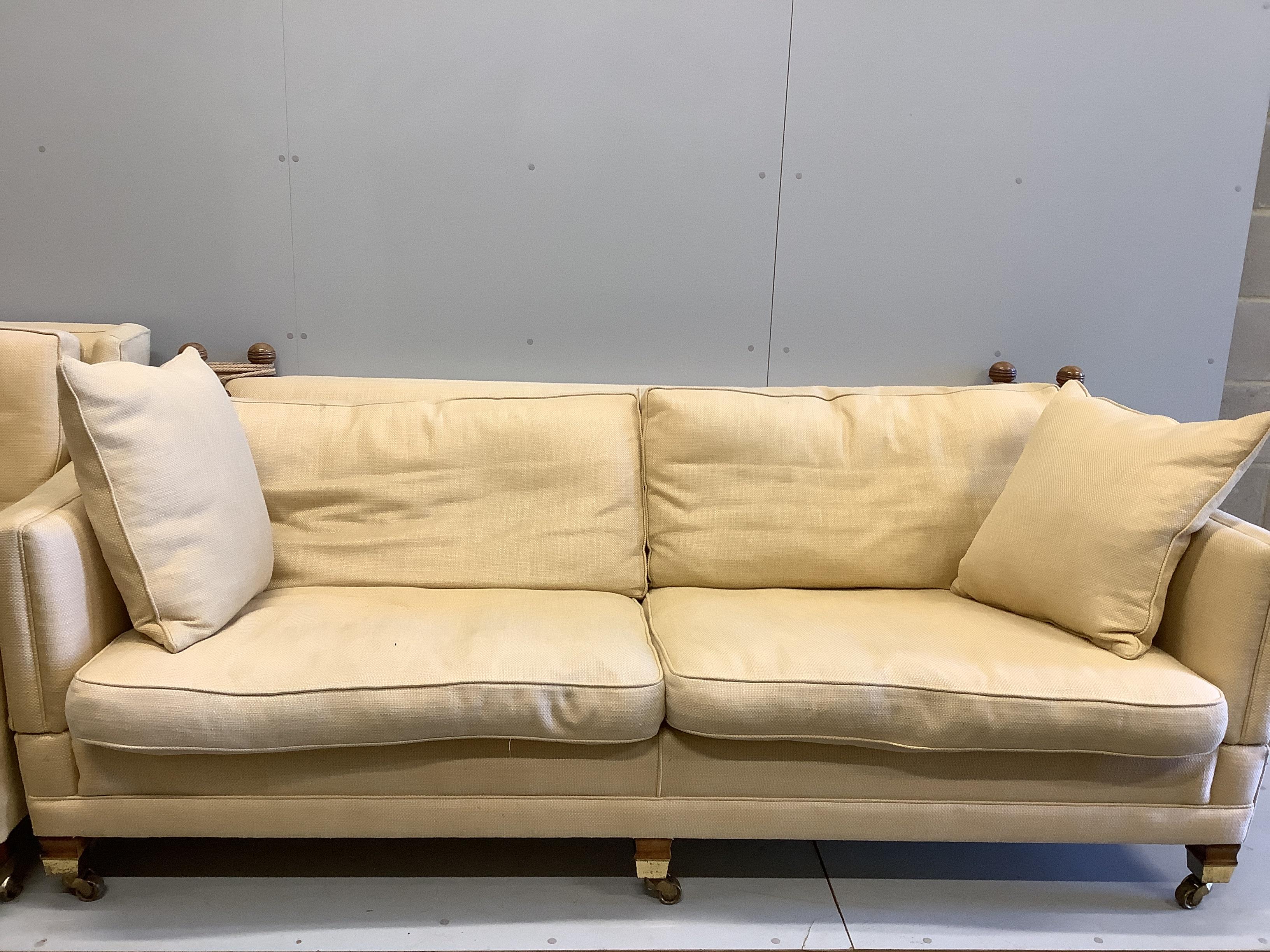 A Duresta style Knoll settee, width 222cm, depth 110cm, height 88cm and matching armchair                                                                                                                                   